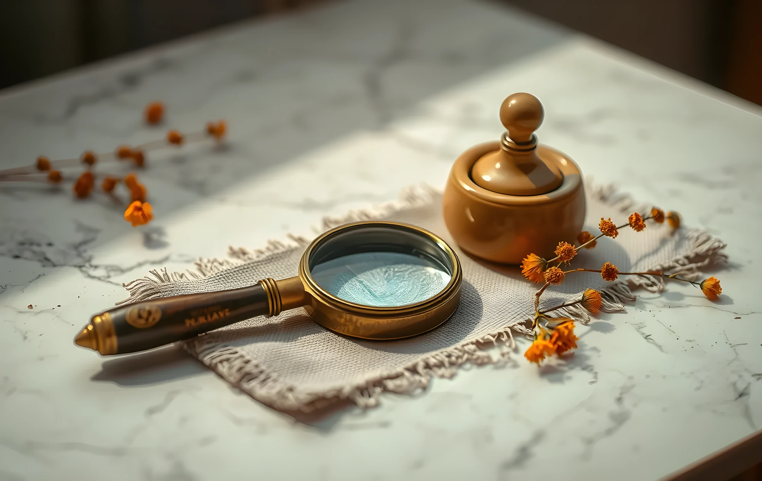 A polished marble desk surface displaying an antique brass magnifying glass resting on a textured linen cloth, surrounded by scattered dried botanical sprigs and a ceramic inkwell, soft directional lighting highlighting grain and patina