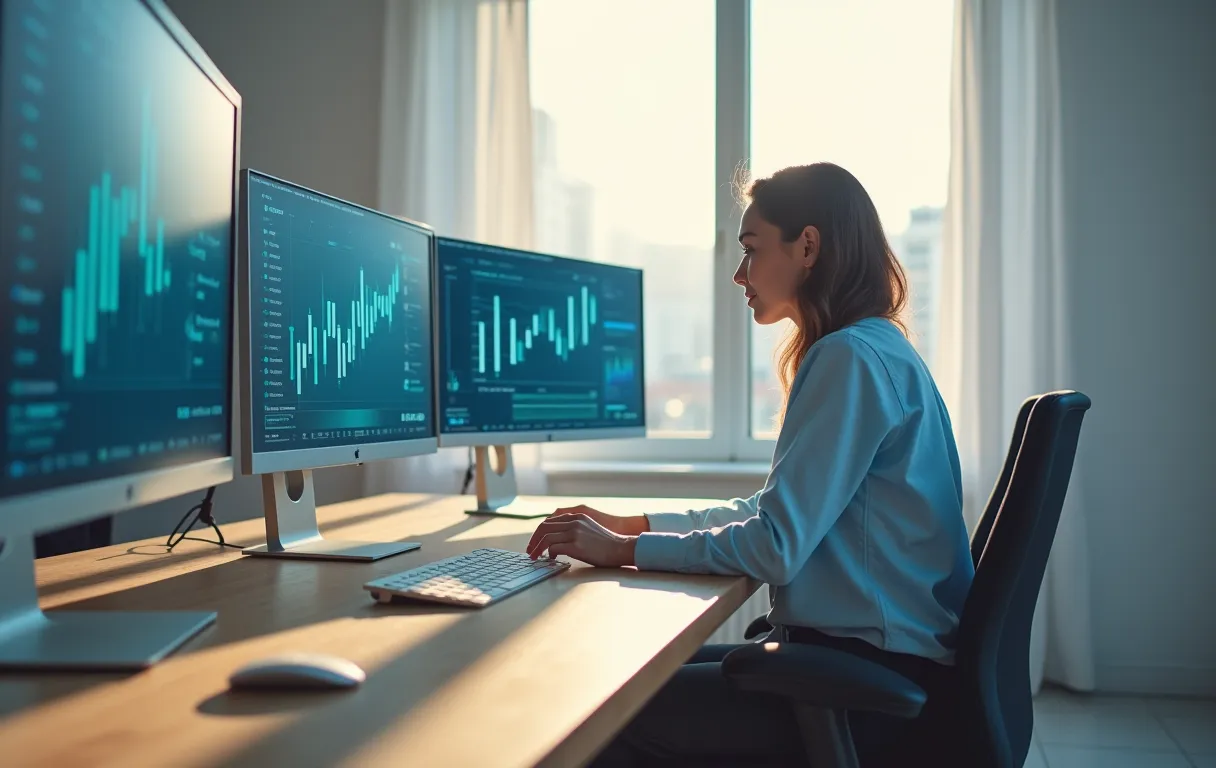 A focused marketing professional sits at a clean wooden desk with dual monitors displaying data charts, late afternoon sunlight casting long shadows across a minimalist office