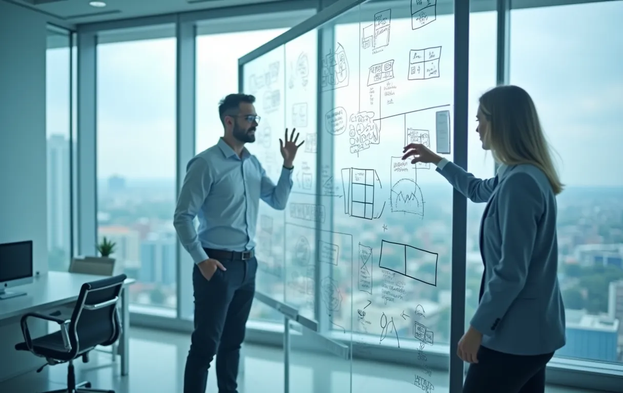 Two consultants stand beside a glass whiteboard covered in handwritten diagrams, discussing strategy while natural light streams through large windows in a modern workspace