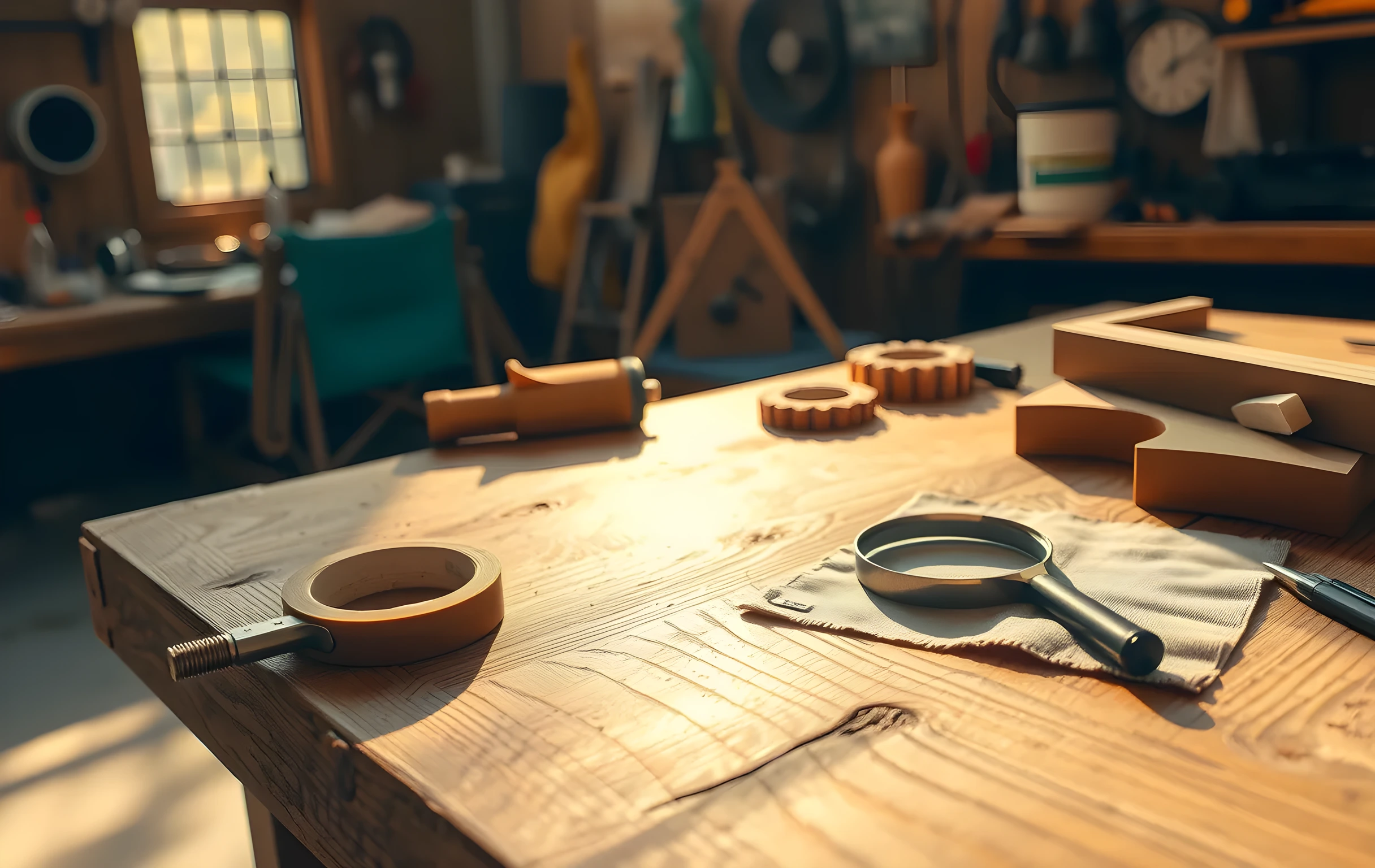 A weathered oak workbench in a sunlit garage workshop, scattered with brass calipers, a roll of brown packing tape, a magnifying glass resting on a textured linen cloth, and a single brass gear lying near the edge; warm morning light casting long soft shadows across the grain
