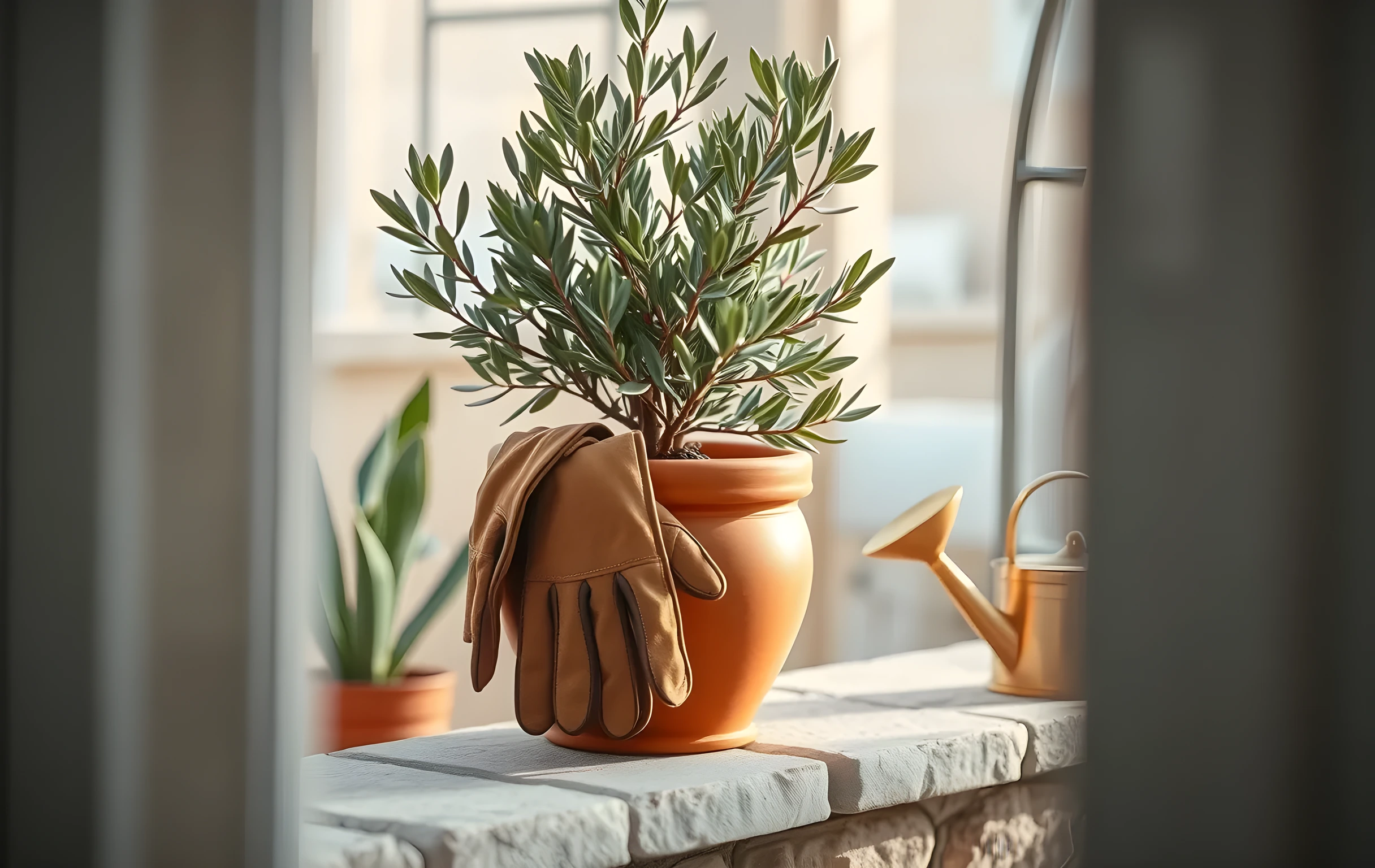 A close-up of a terracotta planter on a stone patio ledge, containing a young olive tree with silvery green leaves, a pair of worn leather gardening gloves draped over the rim, and a small brass watering can catching the late afternoon glow; shallow depth of field focusing on the texture of the leaves and the matte ceramic