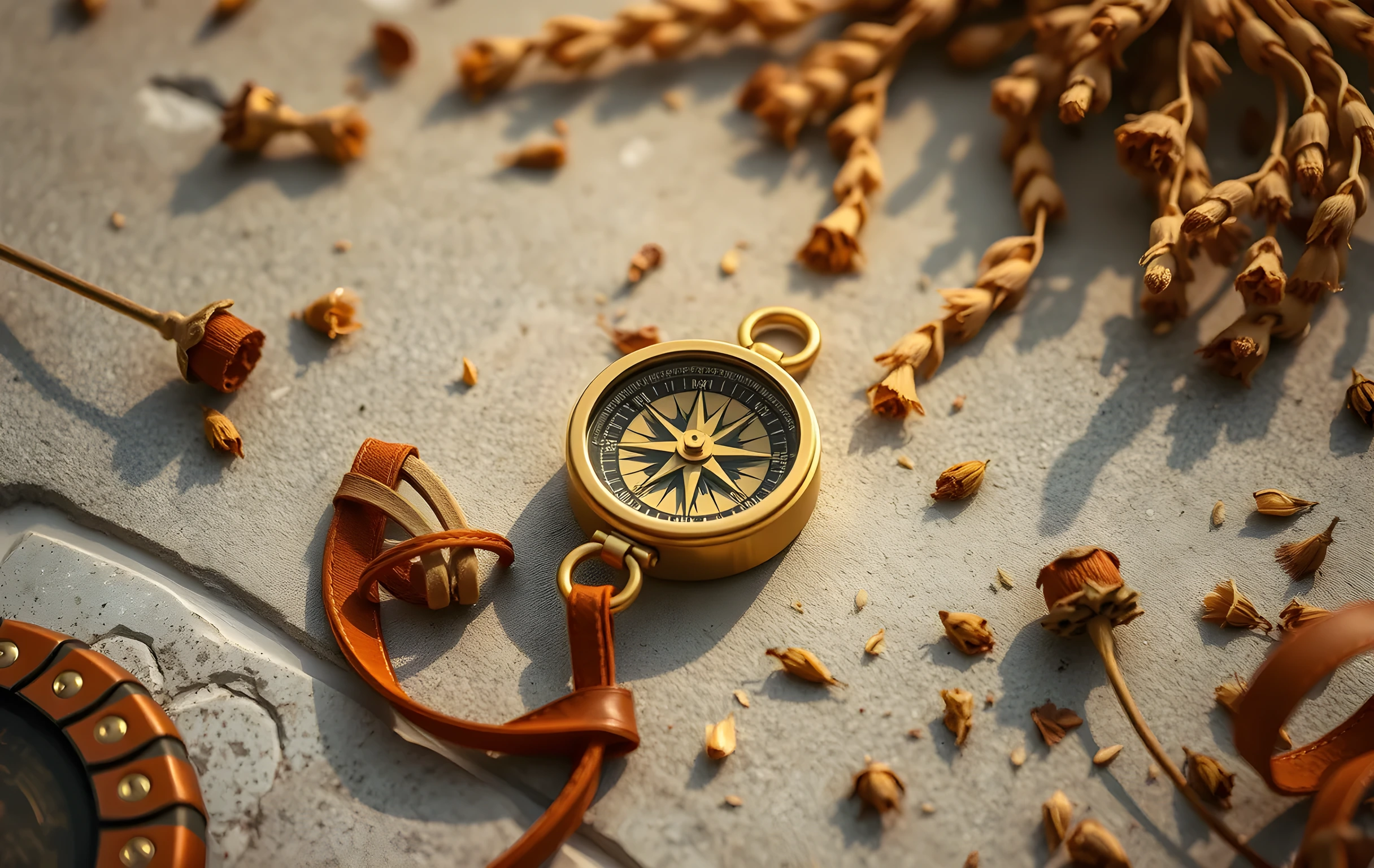 A warm editorial flat lay featuring polished brass compass components, aged leather binding textures, and scattered dried botanical elements arranged on a smooth stone surface, captured in soft natural light