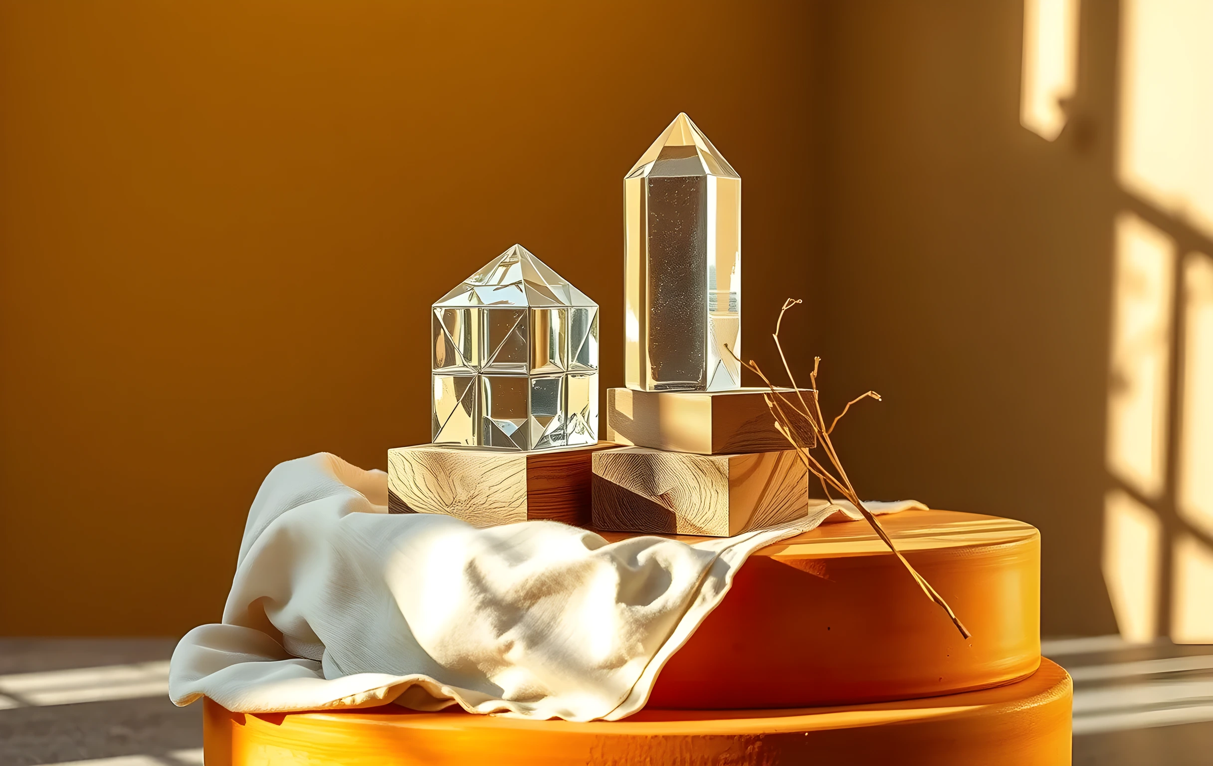 A still life composition showcasing layered glass prisms, weathered wooden blocks, and fine linen drapery resting on a matte terracotta pedestal, illuminated by golden hour sunlight with deep shadows