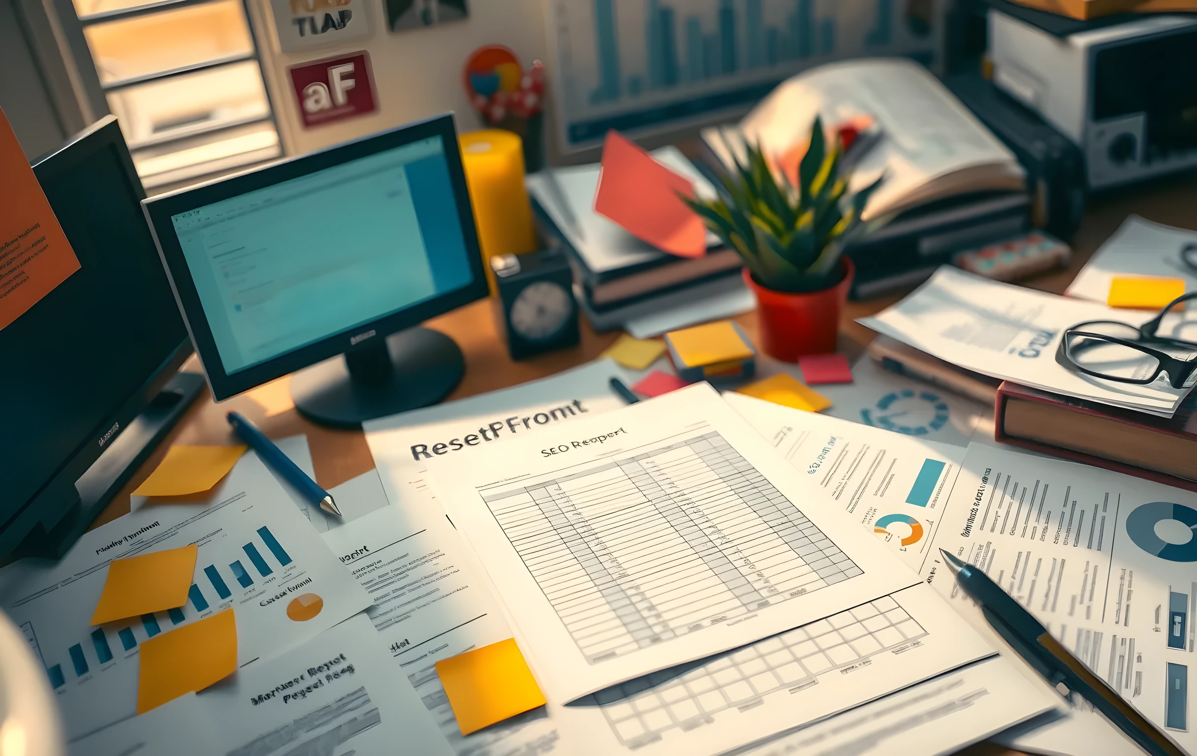 Wide editorial photograph of a cluttered desk covered in printed SEO reports and sticky notes, with a single highlighted spreadsheet pulling focus, warm natural window light, professional business environment, no restricted items, realistic composition