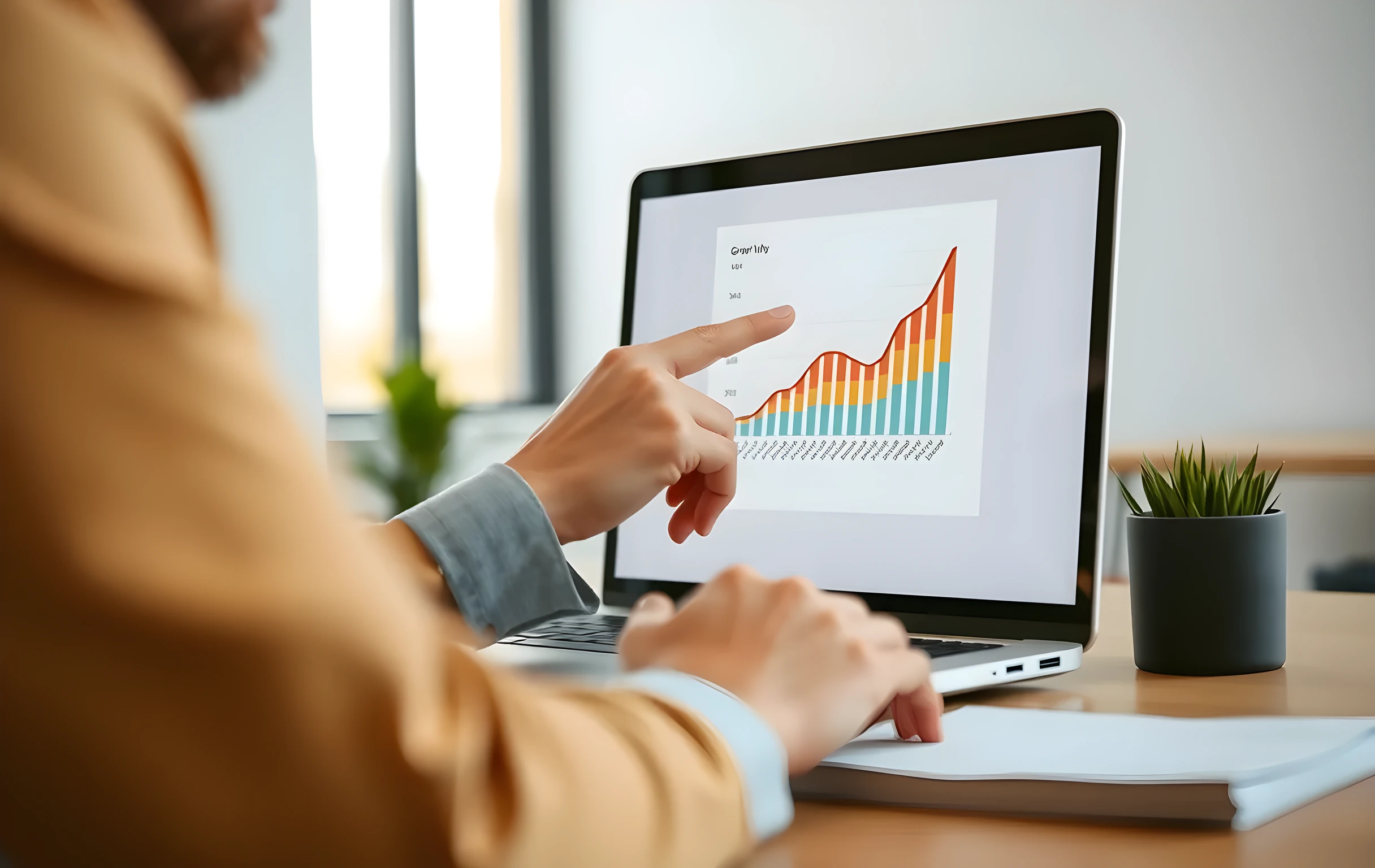 Medium editorial photograph of a consultant pointing at a clean growth chart on a laptop screen, shallow depth of field, soft office background, warm lighting, corporate setting, no restricted items, authentic workplace atmosphere