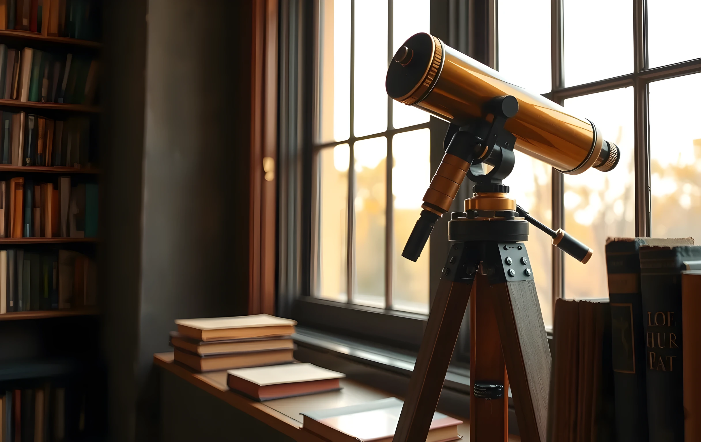 A brass telescope on a wooden tripod pointed out of a tall library window in warm late afternoon light