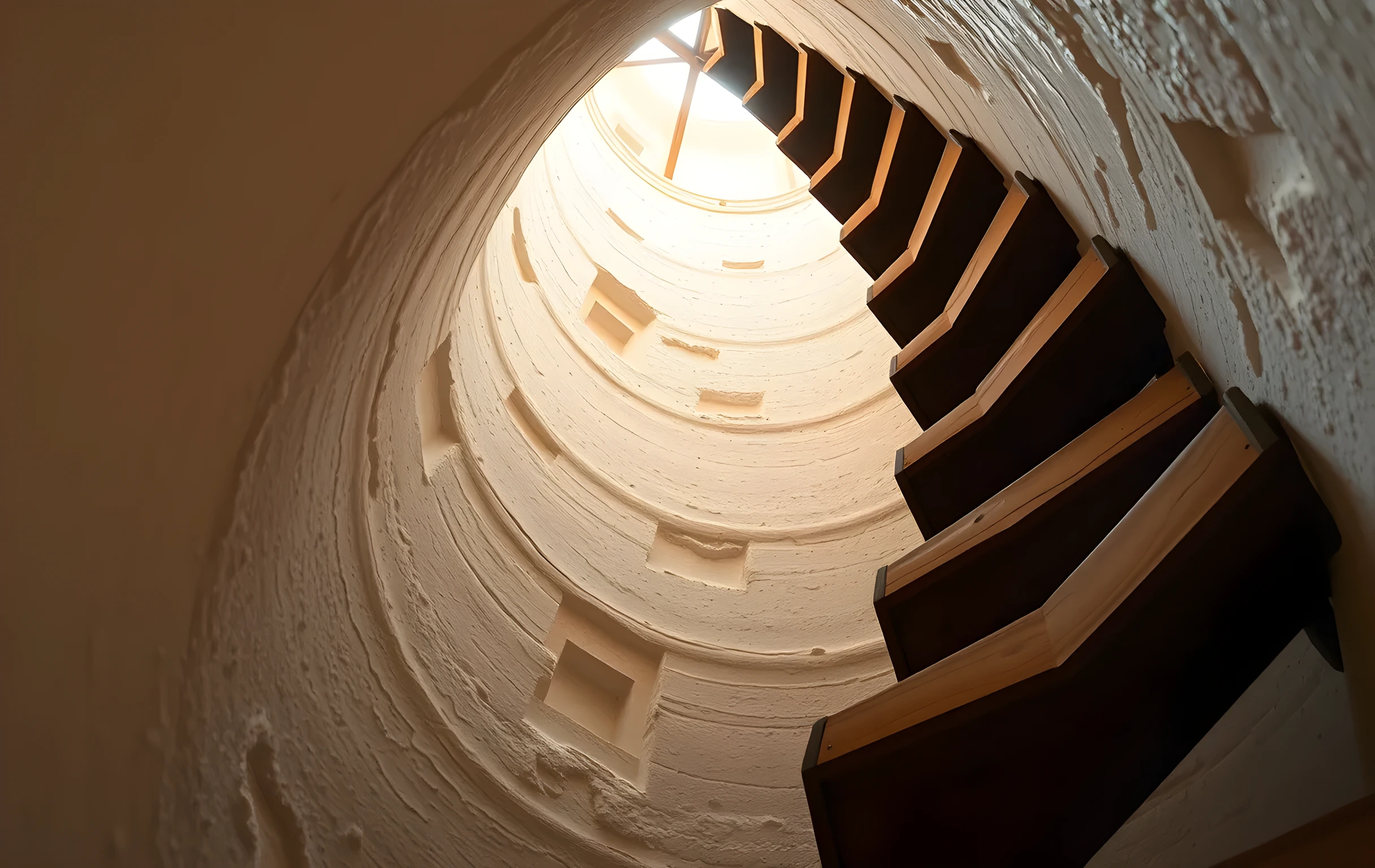 A worn wooden spiral staircase climbing inside a whitewashed stone lighthouse, warm light from a small window above