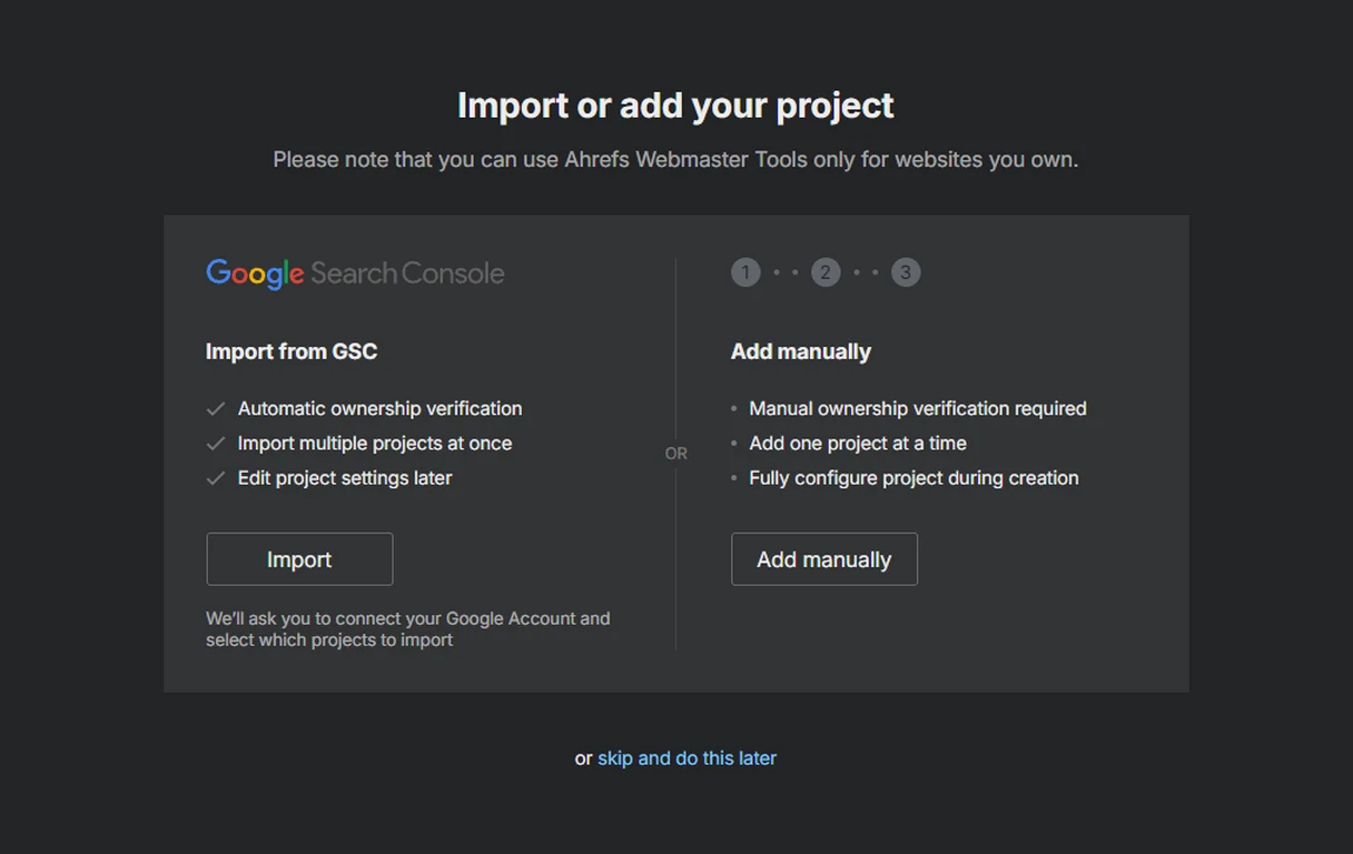 Pantalla Import or add your project de Ahrefs comparando Import from GSC con Add manually