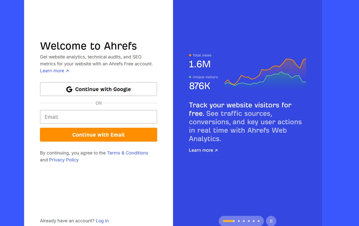 Ahrefs Welcome to Ahrefs sign-up screen with Continue with Google and Continue with Email buttons for an Ahrefs Free account