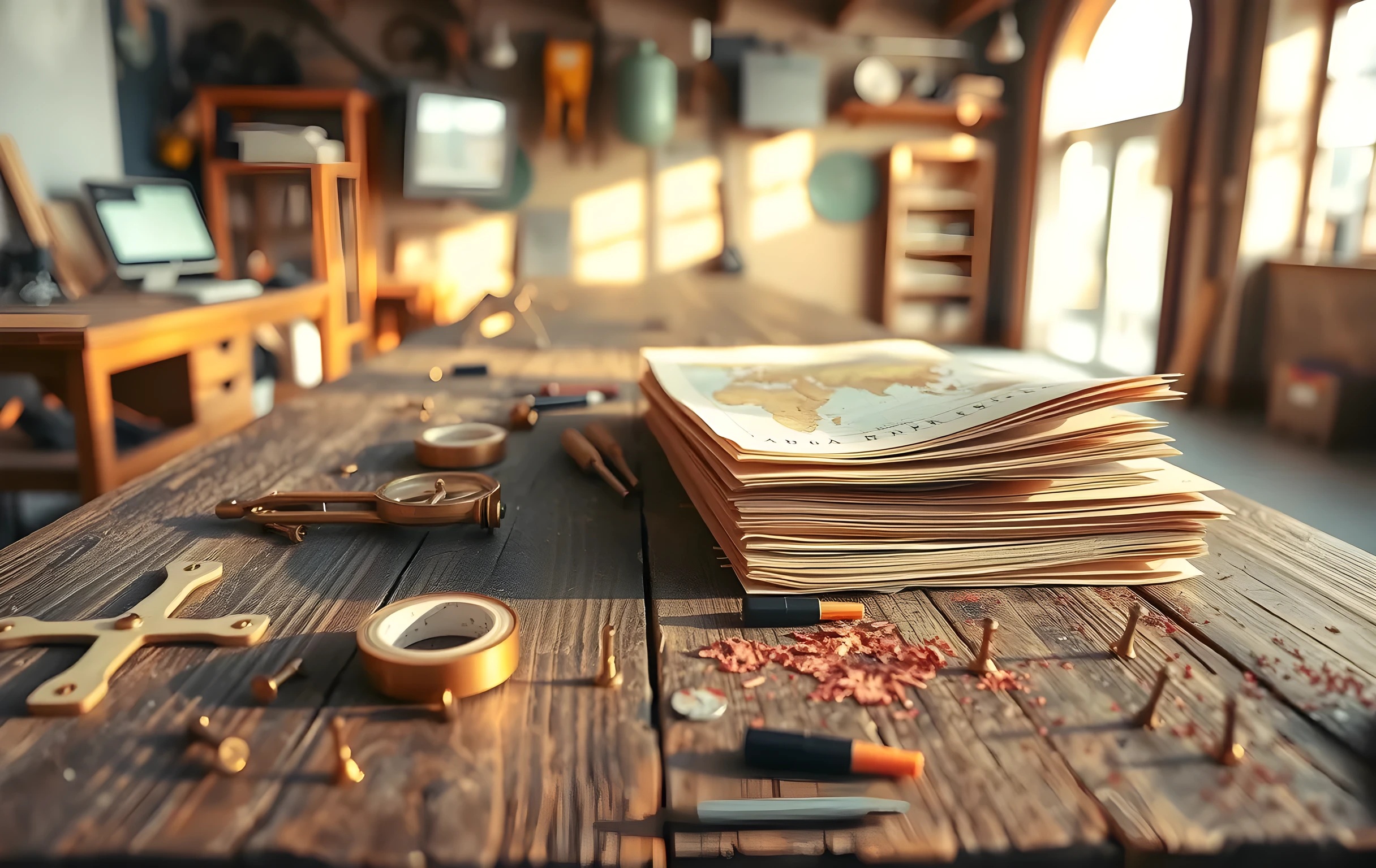 A weathered wooden workbench in a sunlit garage holds scattered brass compasses, a roll of brown kraft tape, and a stack of aged paper maps pinned with copper tacks. Warm directional light casts long shadows across the textured surface
