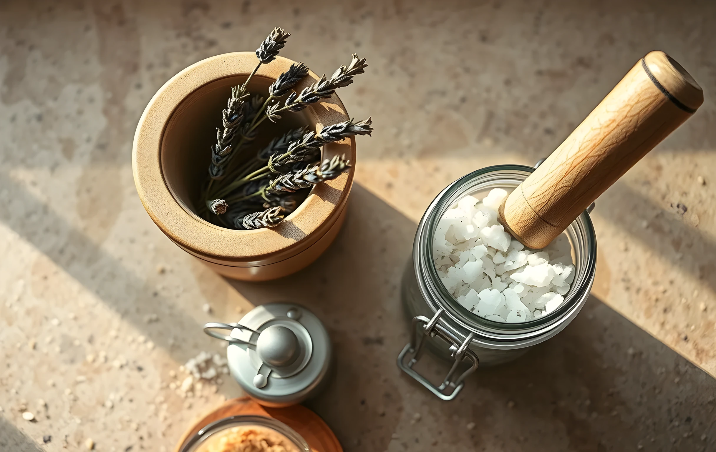 A close-up ceramic mortar and pestle rests on a rough stone countertop beside a small glass jar filled with dried lavender sprigs and coarse sea salt crystals. Soft morning light highlights the granular textures of each ingredient