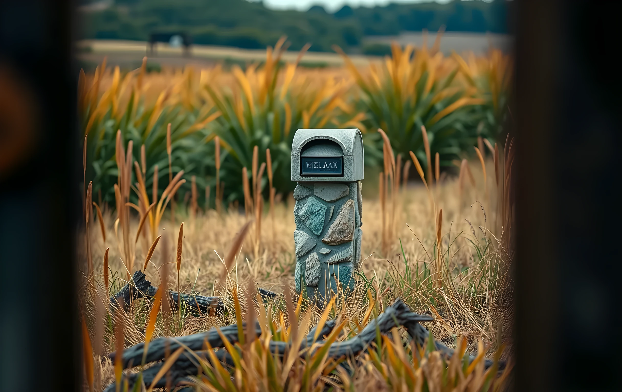 A wide environment scene of a weathered stone mailbox standing alone in a damp, overgrown field at dusk, surrounded by tall wild grass and scattered driftwood, warm editorial photography, tangible textures