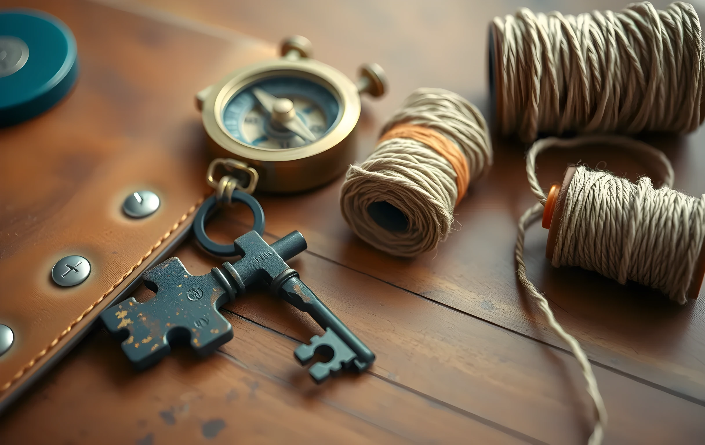 A closer detail scene of a rusted iron key resting on a worn leather workbench beside a faded brass compass and a spool of frayed twine, warm editorial photography, tangible objects and textures