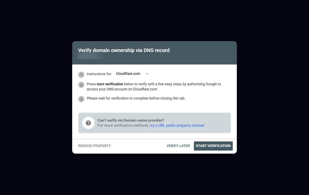 Search Console dialog to verify domain ownership via DNS record with Cloudflare selected and a Start verification button
