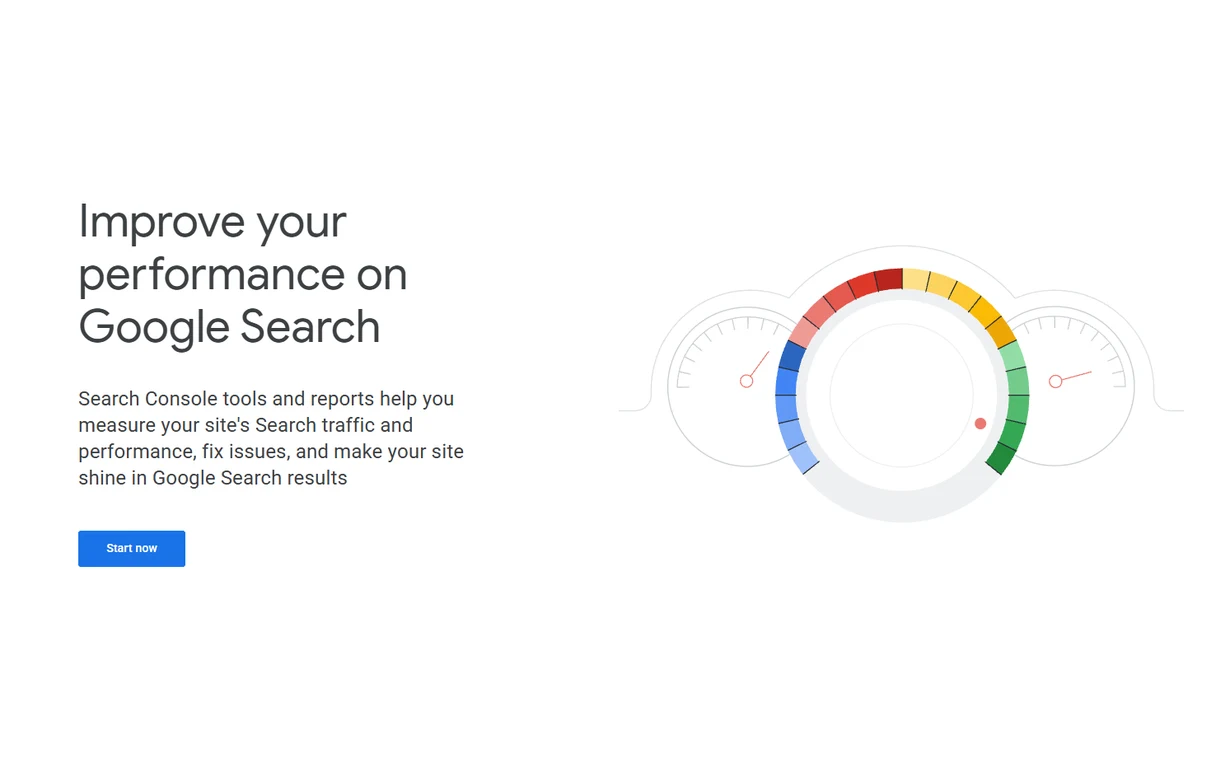 Google Search Console home page with the Start now button