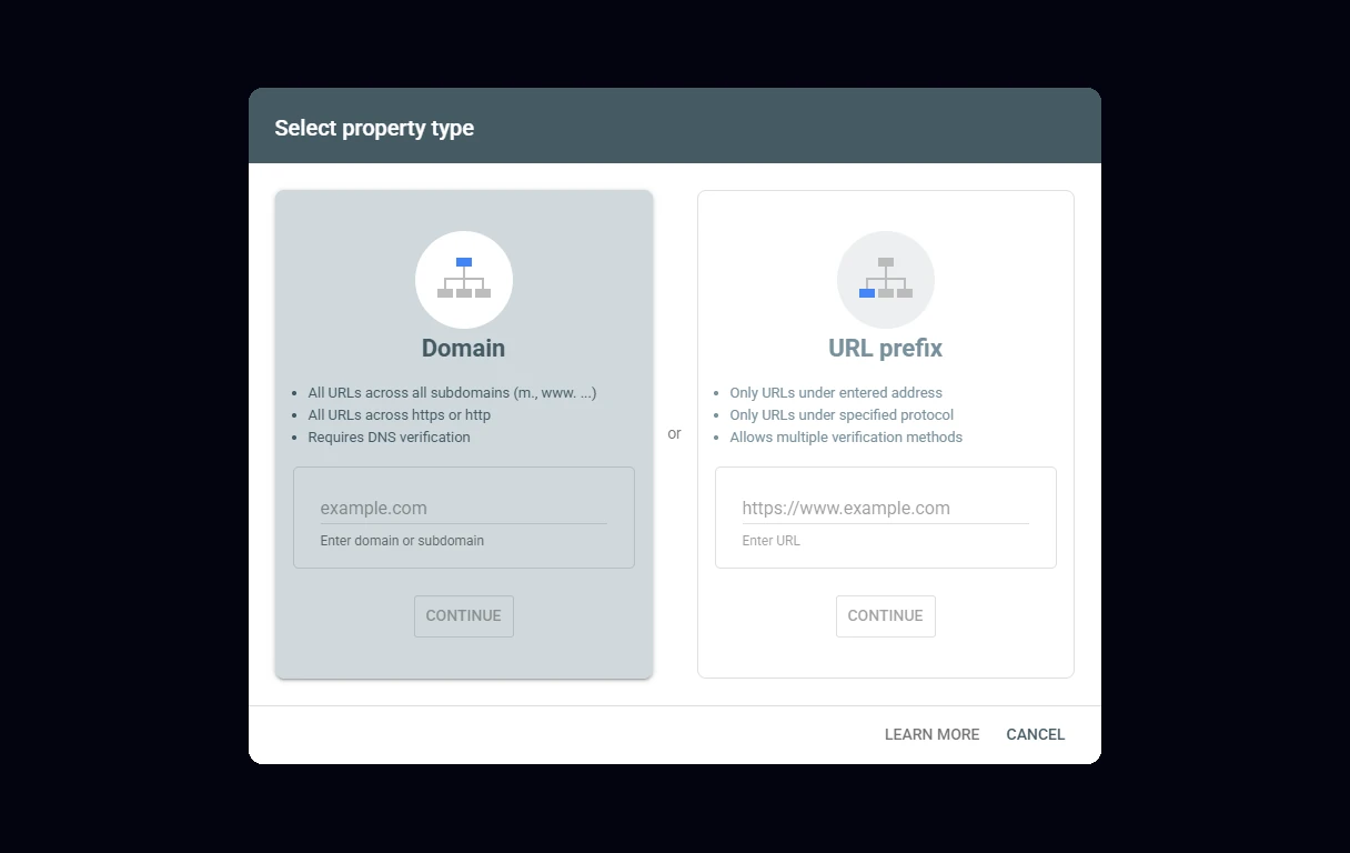 Search Console Select property type dialog comparing the Domain and URL prefix options