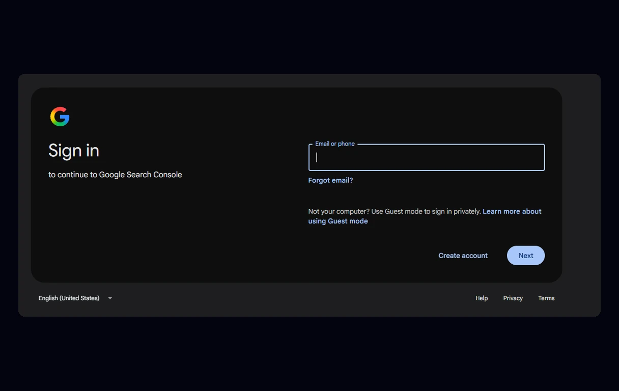 Google sign-in screen asking for an email or phone to continue to Google Search Console