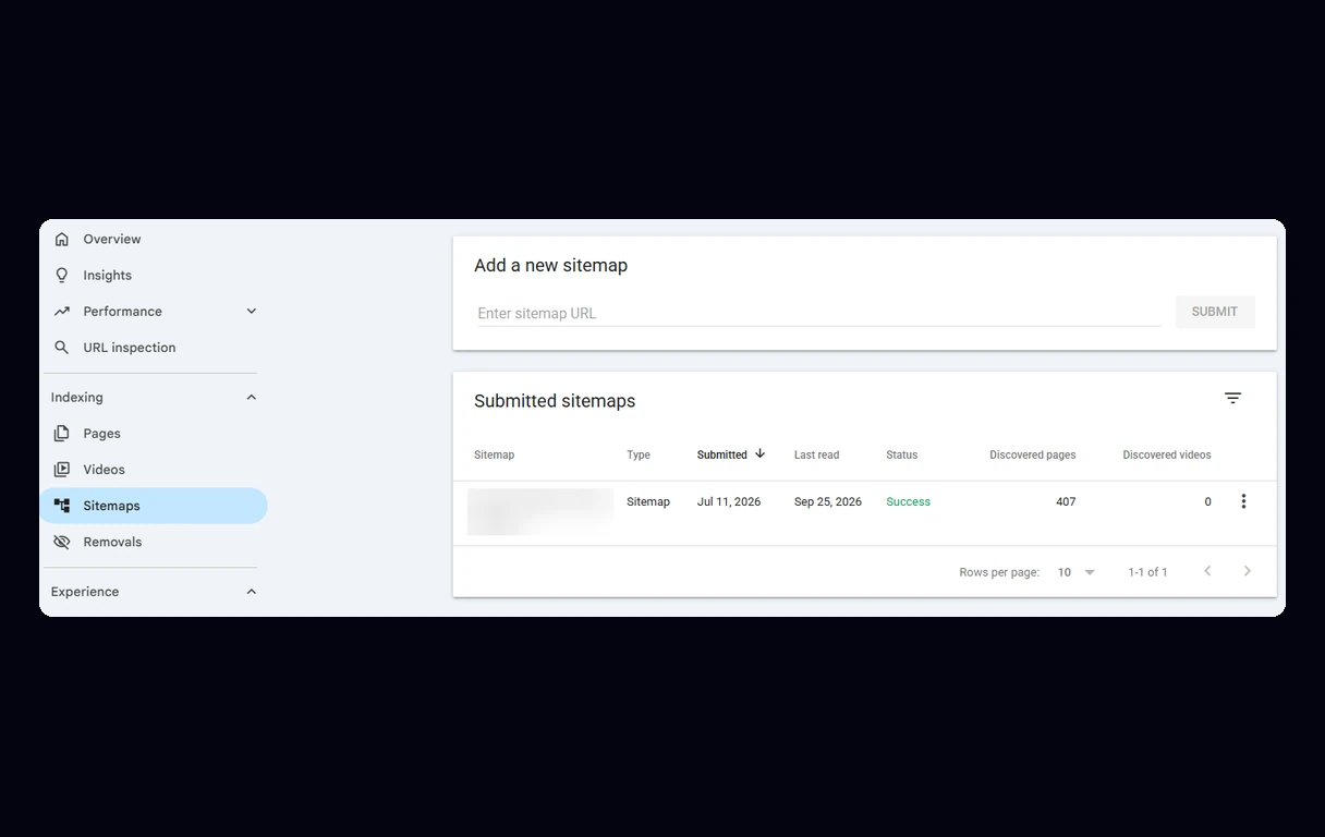 Informe de Sitemaps de Search Console con el campo para a&ntilde;adir un mapa del sitio y un mapa enviado con estado Success