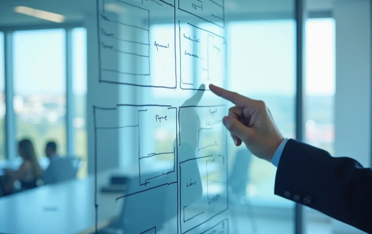 Un consultor señalando una pizarra transparente con esquemas de contenido estructurado en una oficina moderna iluminada por el sol