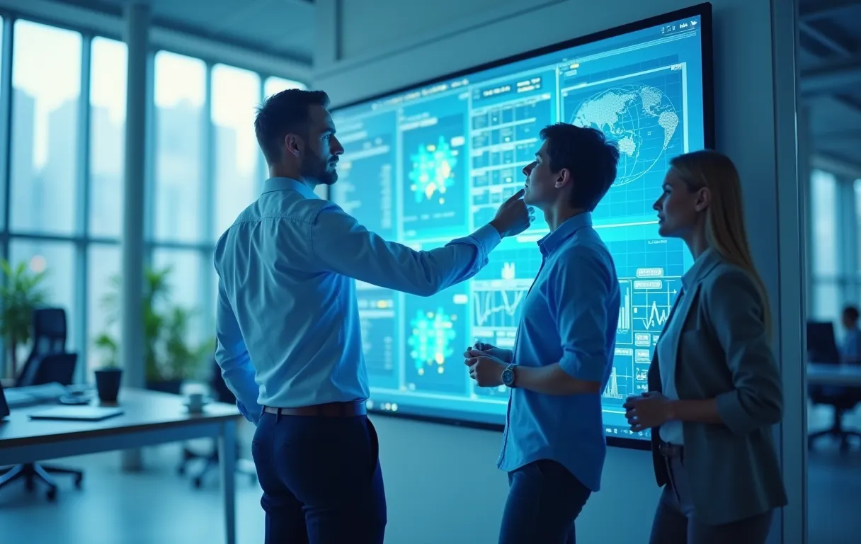 Dos profesionales revisando visualizaciones de datos en un monitor grande en un espacio de trabajo digital minimalista