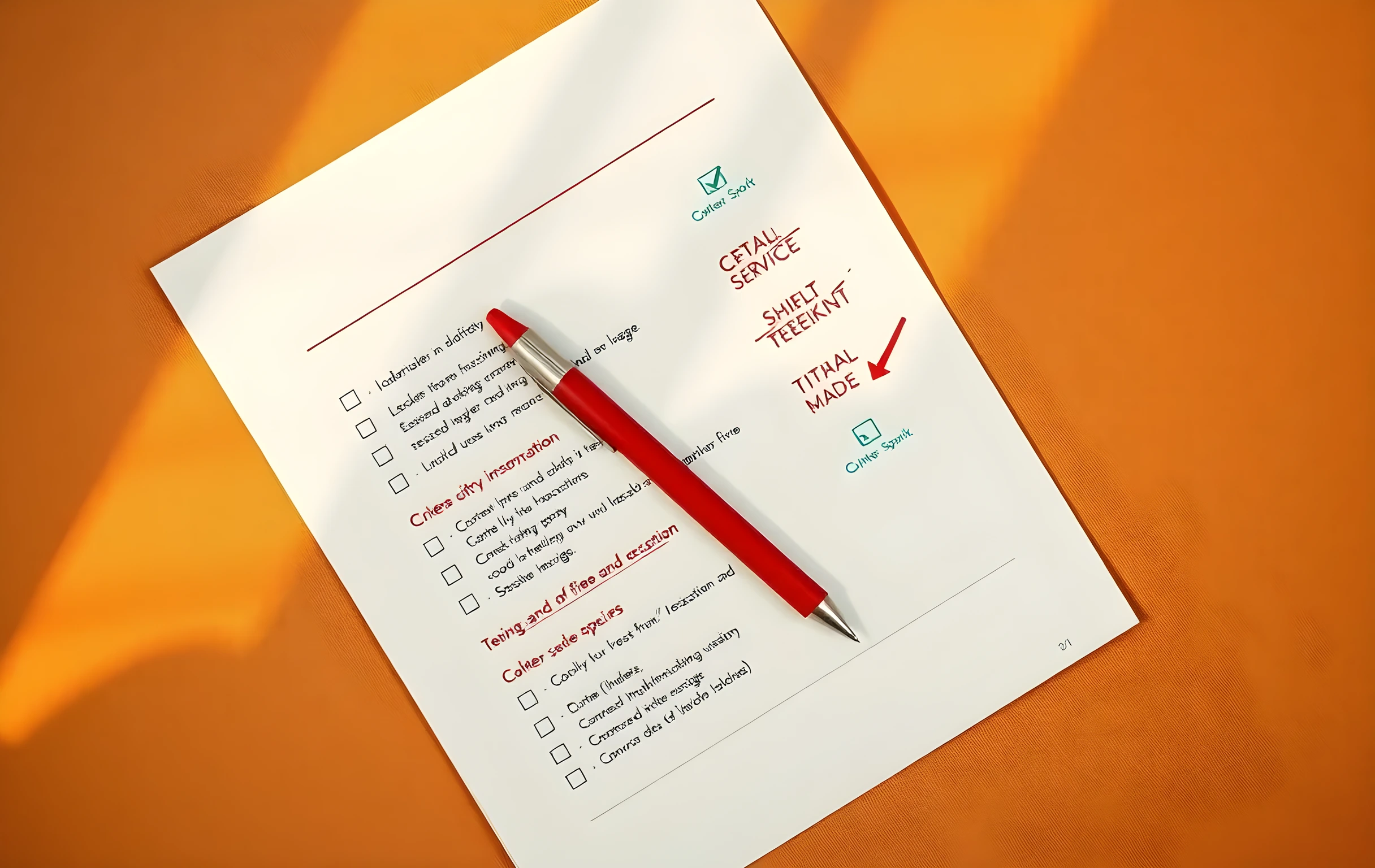 Un bolígrafo rojo y una lista de verificación impresa con correcciones manuscritas sobre papel de lino cálido