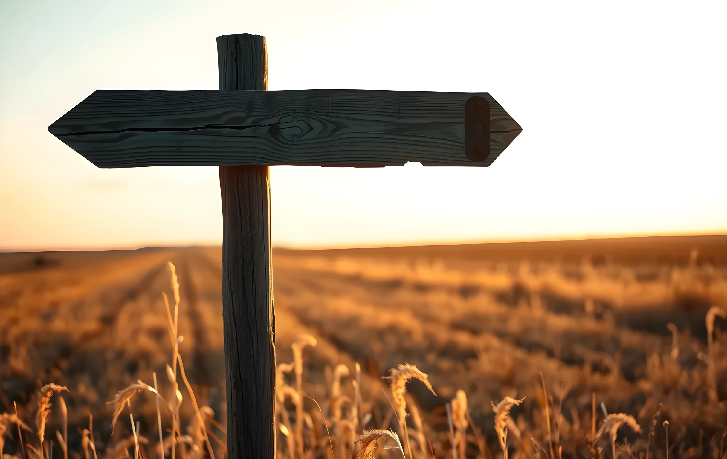 A weathered signpost at a crossroads in warm evening light, pointing in two directions