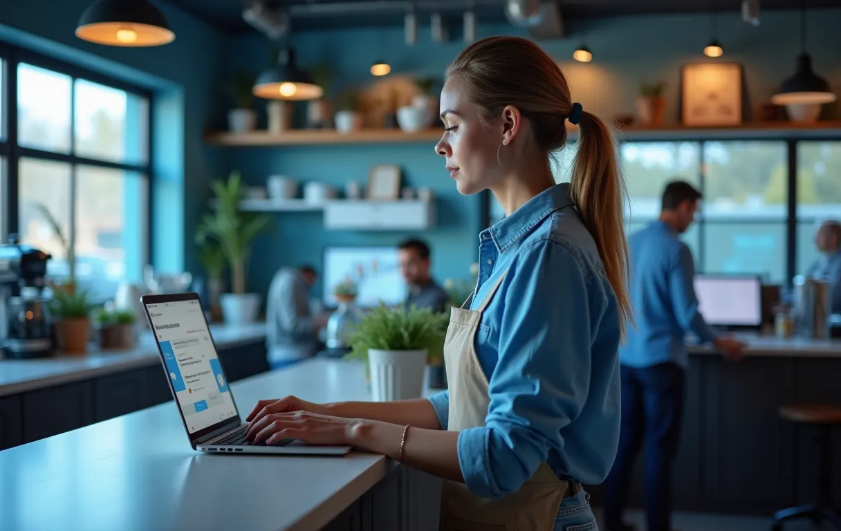 Un dueño de cafetería en el mostrador revisando un asistente de chat de IA en una laptop
