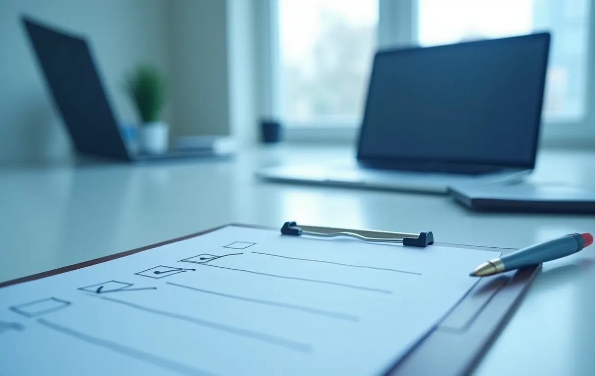 A printed local SEO checklist template on a clipboard beside a laptop