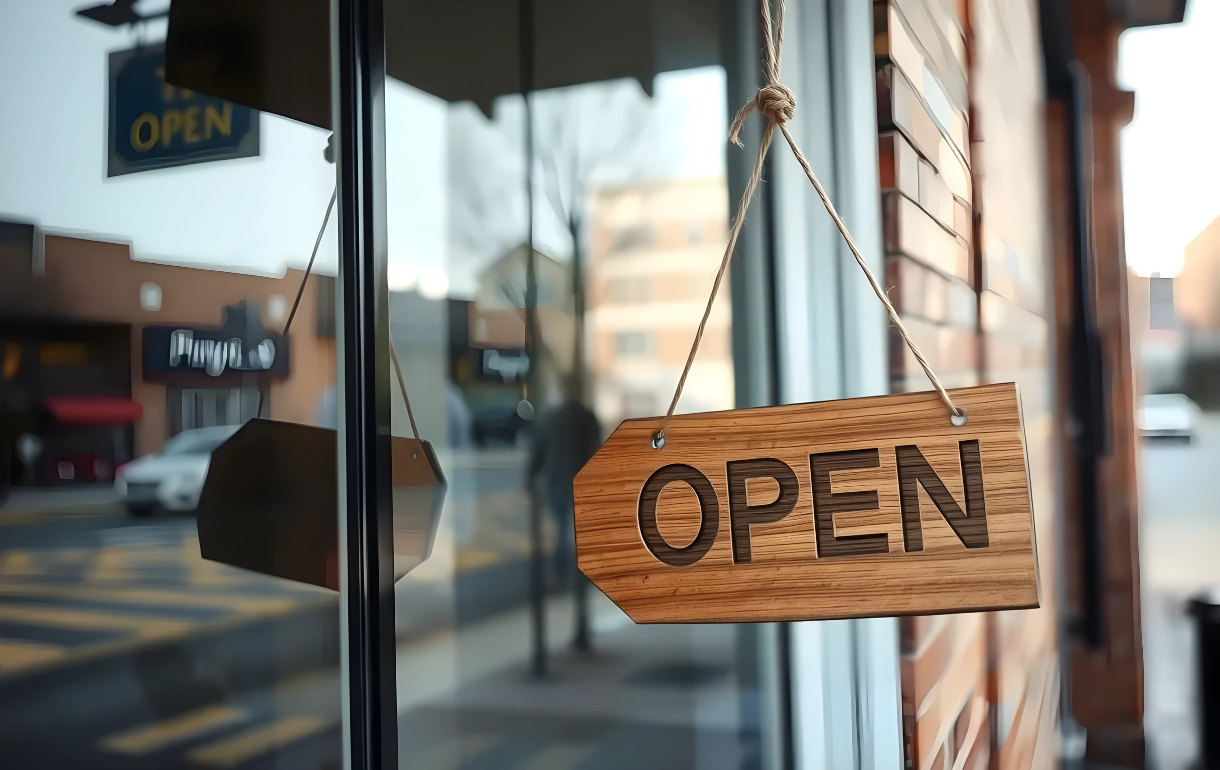 A hand-lettered wooden open sign hanging in the window of a small brick storefront in morning light