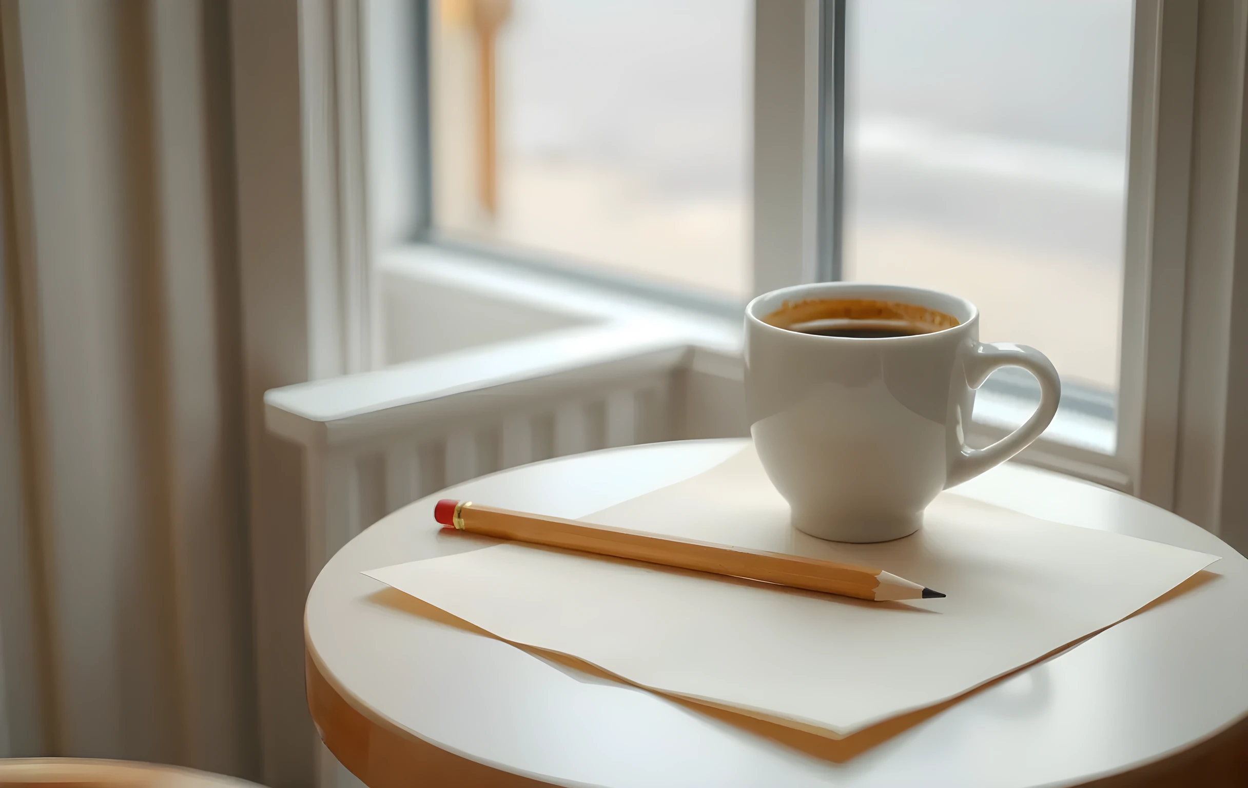 A white espresso cup and a wooden pencil resting on blank cream paper on a small round cafe table by a bright window