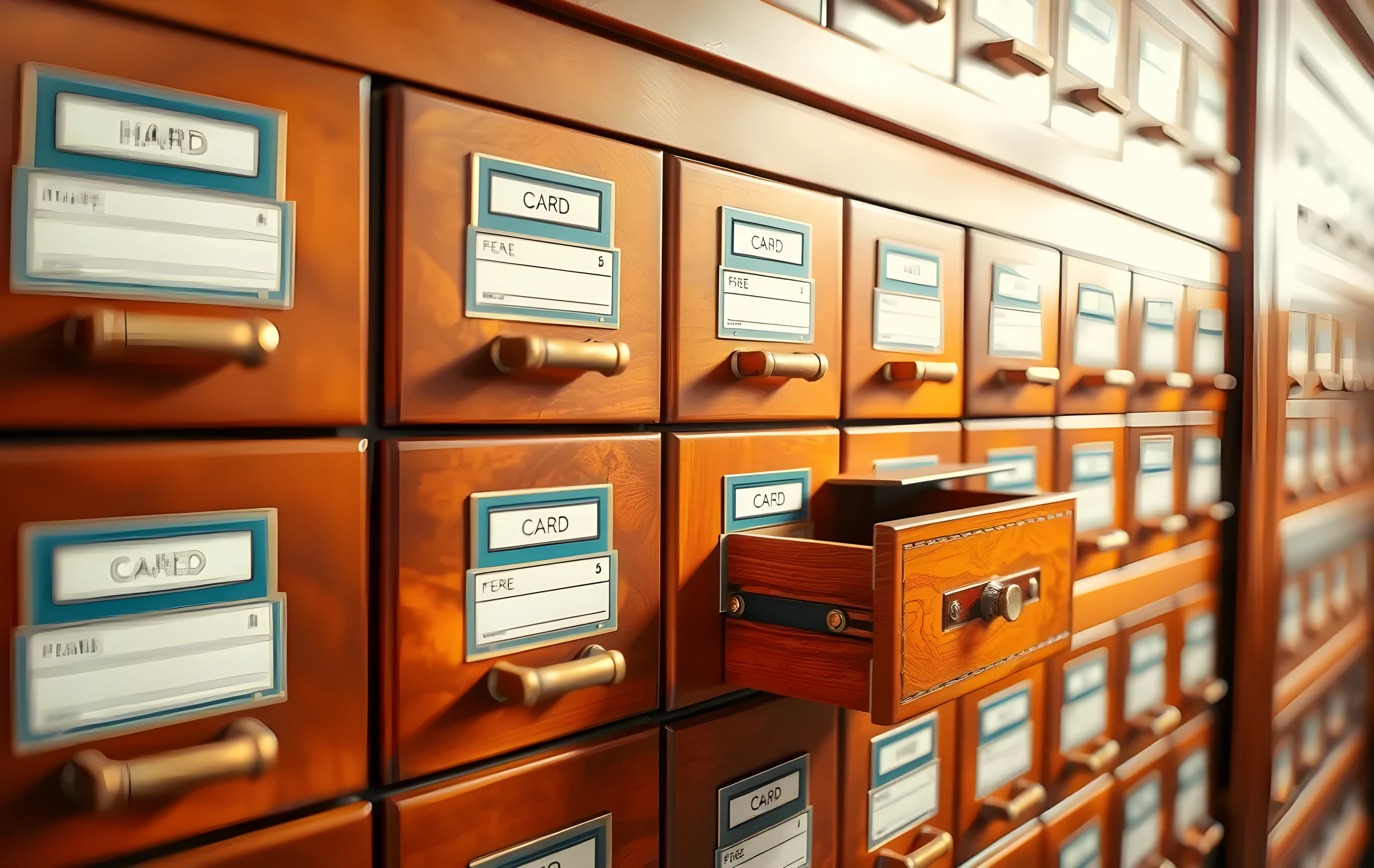 Rows of labeled index-card drawers in a warm wooden library cabinet