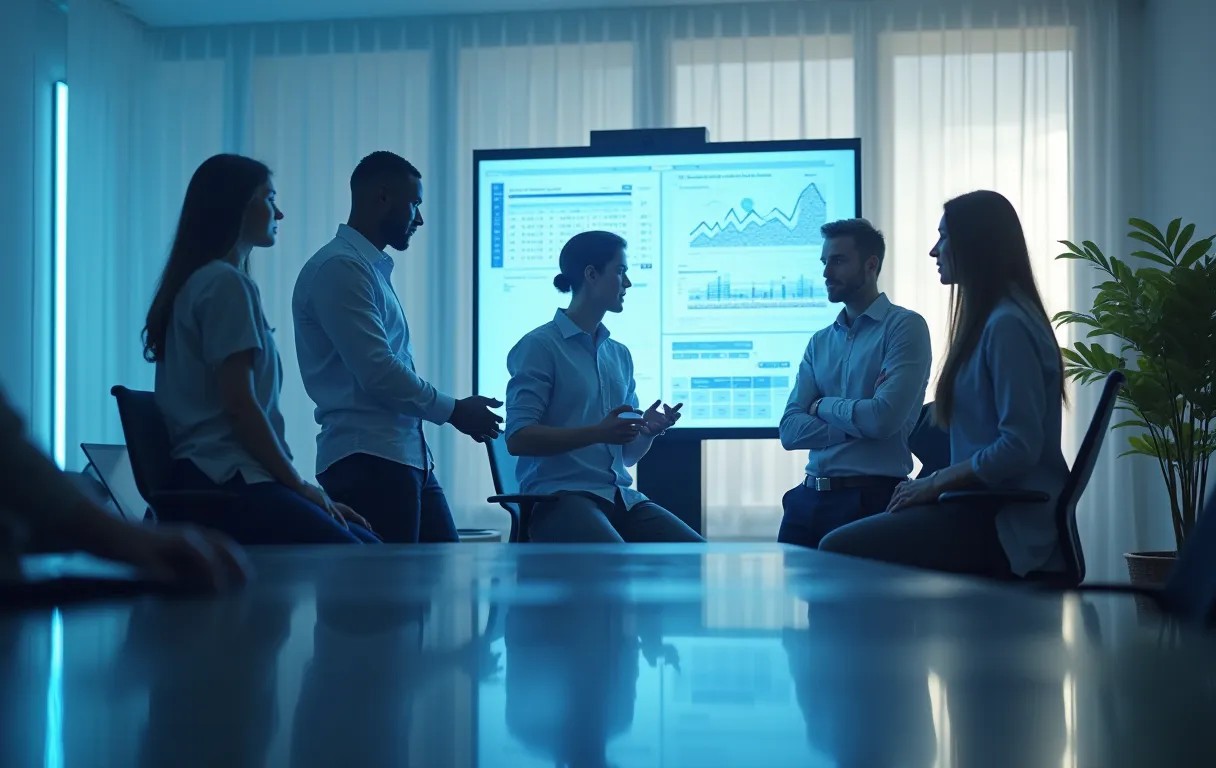 A small marketing team brainstorming ideas together in a bright room