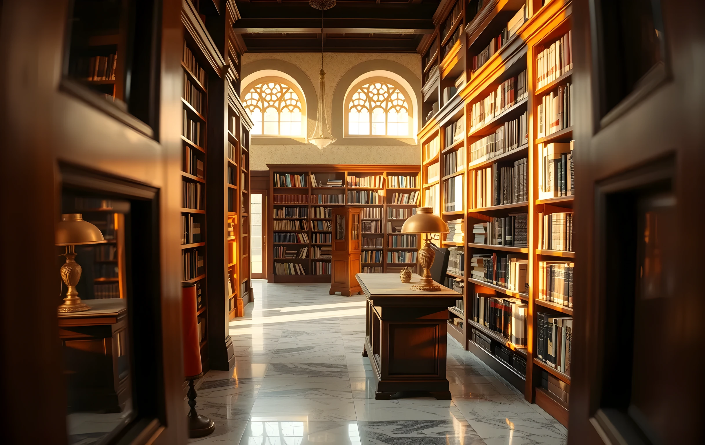A sunlit archival reading room filled with rows of polished wooden bookshelves, leather-bound volumes, and brass reading lamps casting soft shadows across textured marble flooring