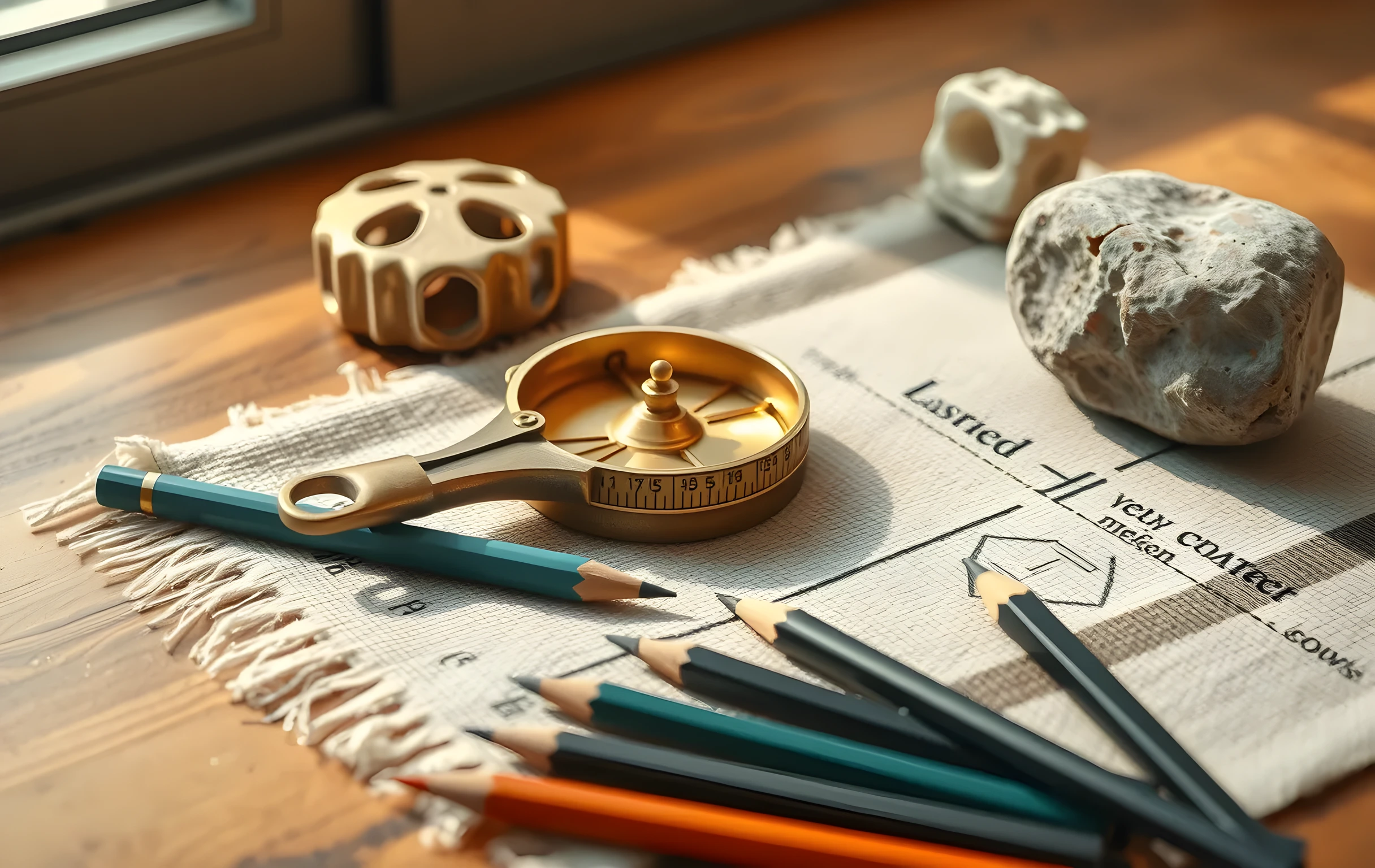 A close-up composition of a vintage brass drafting compass resting on a woven linen cloth beside scattered graphite pencils and a rough stone paperweight under directional window light