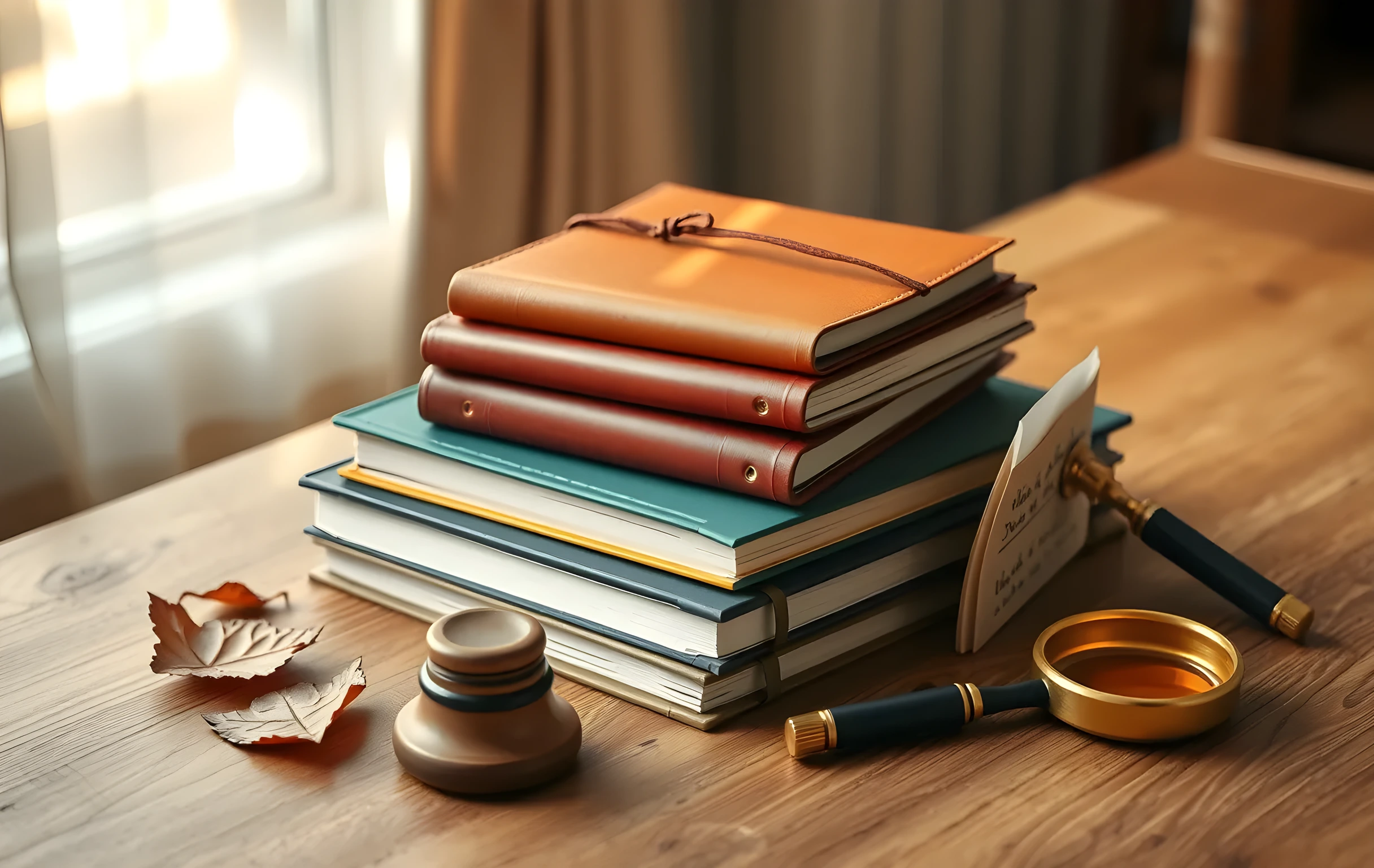 Un flat lay minimalista que muestra una pila de diarios de cuero encuadernados a mano junto a un tintero de cerámica y una lupa de latón, sobre una superficie de roble texturizada con luz filtrada de ventana