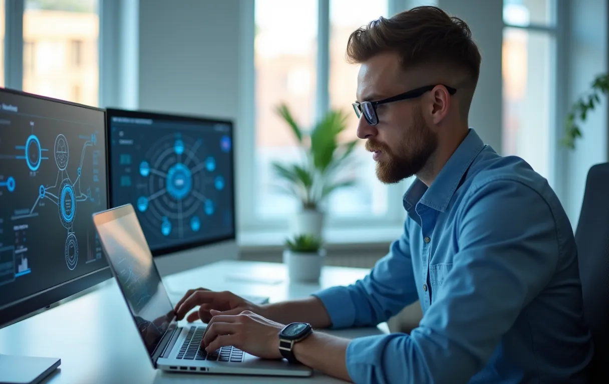 A focused analyst in a minimalist office reviewing a network diagram on a laptop screen under warm natural light