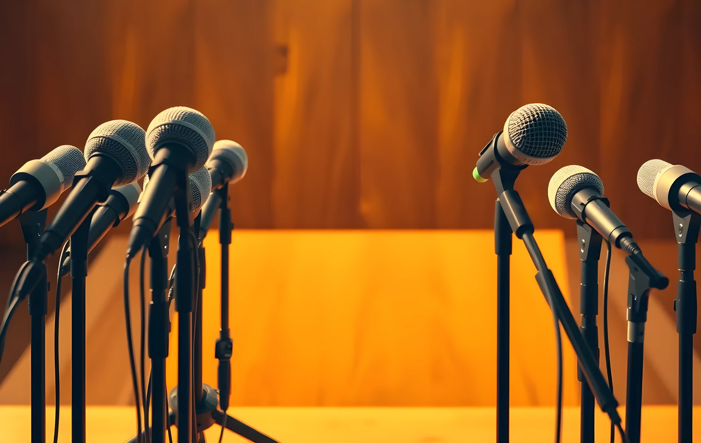 A cluster of microphones facing an empty podium in soft light