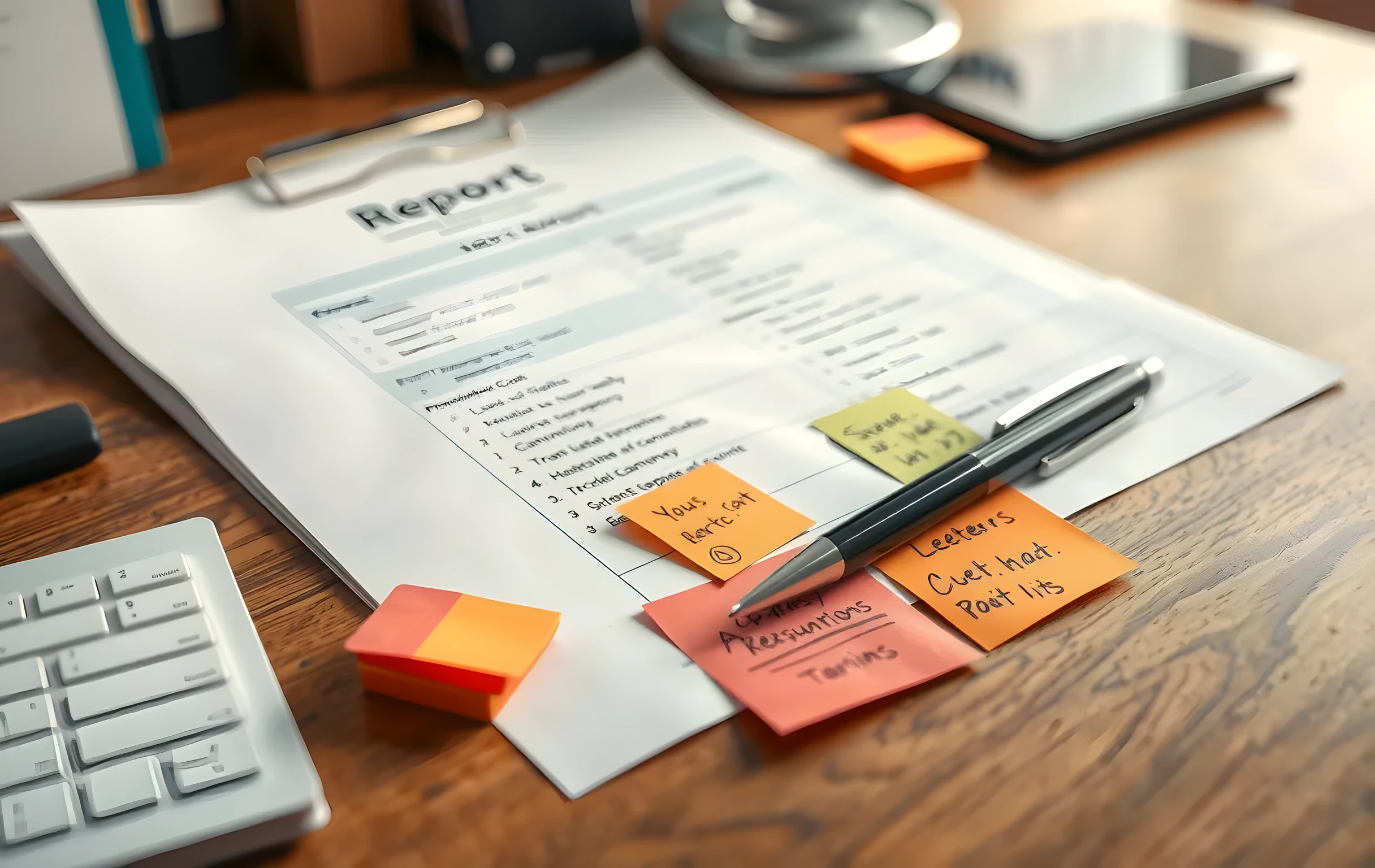 Un informe de marketing impreso con anotaciones manuscritas y un bolígrafo sobre un escritorio ordenado