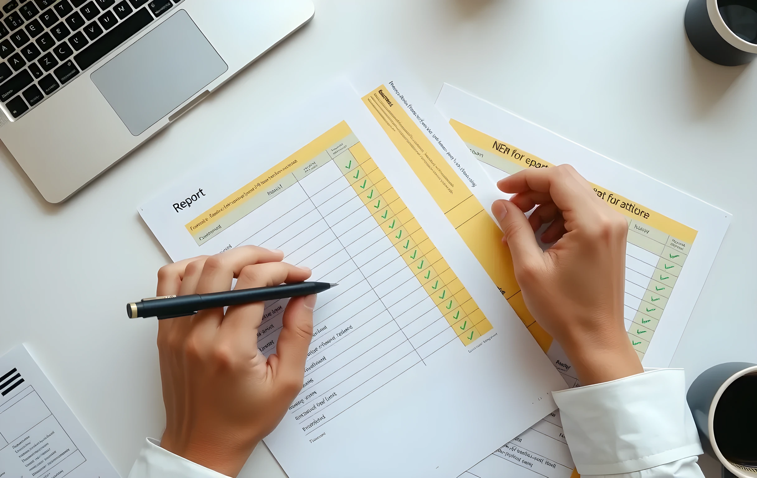 Marking a prioritized website audit fix list with highlighted rows and green checkmarks