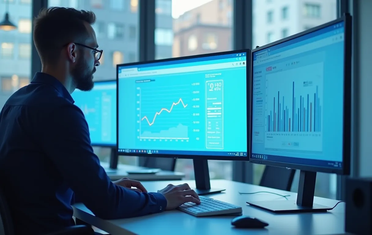 Un profesional de marketing ejecutando una prueba de velocidad web en un monitor grande con un gráfico de resultados visible
