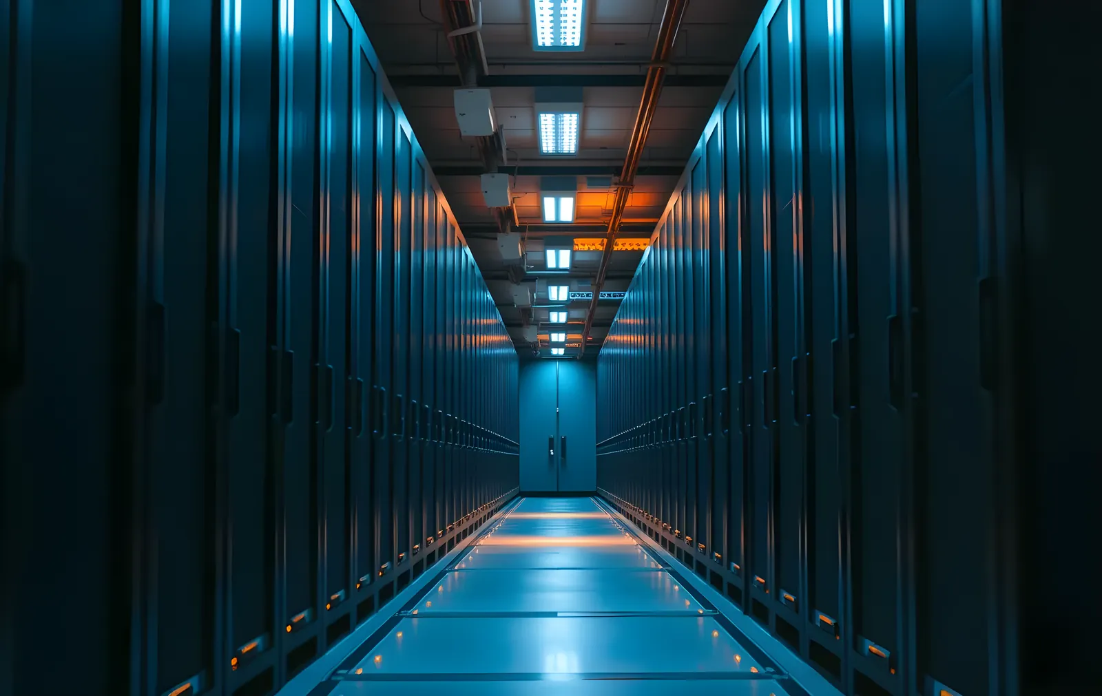 A long aisle between server racks in a data center, lit in cool blue