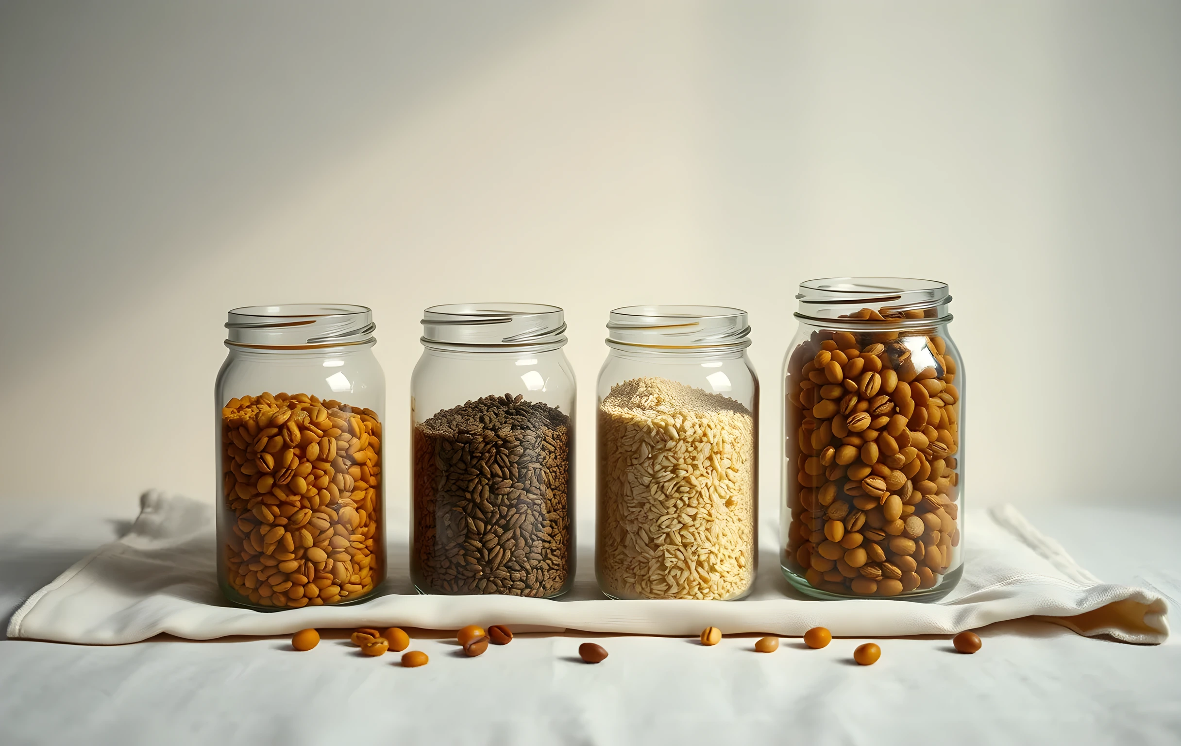 Four plain glass jars filled to different levels with lentils, coffee beans, rice and dried peas on a linen cloth