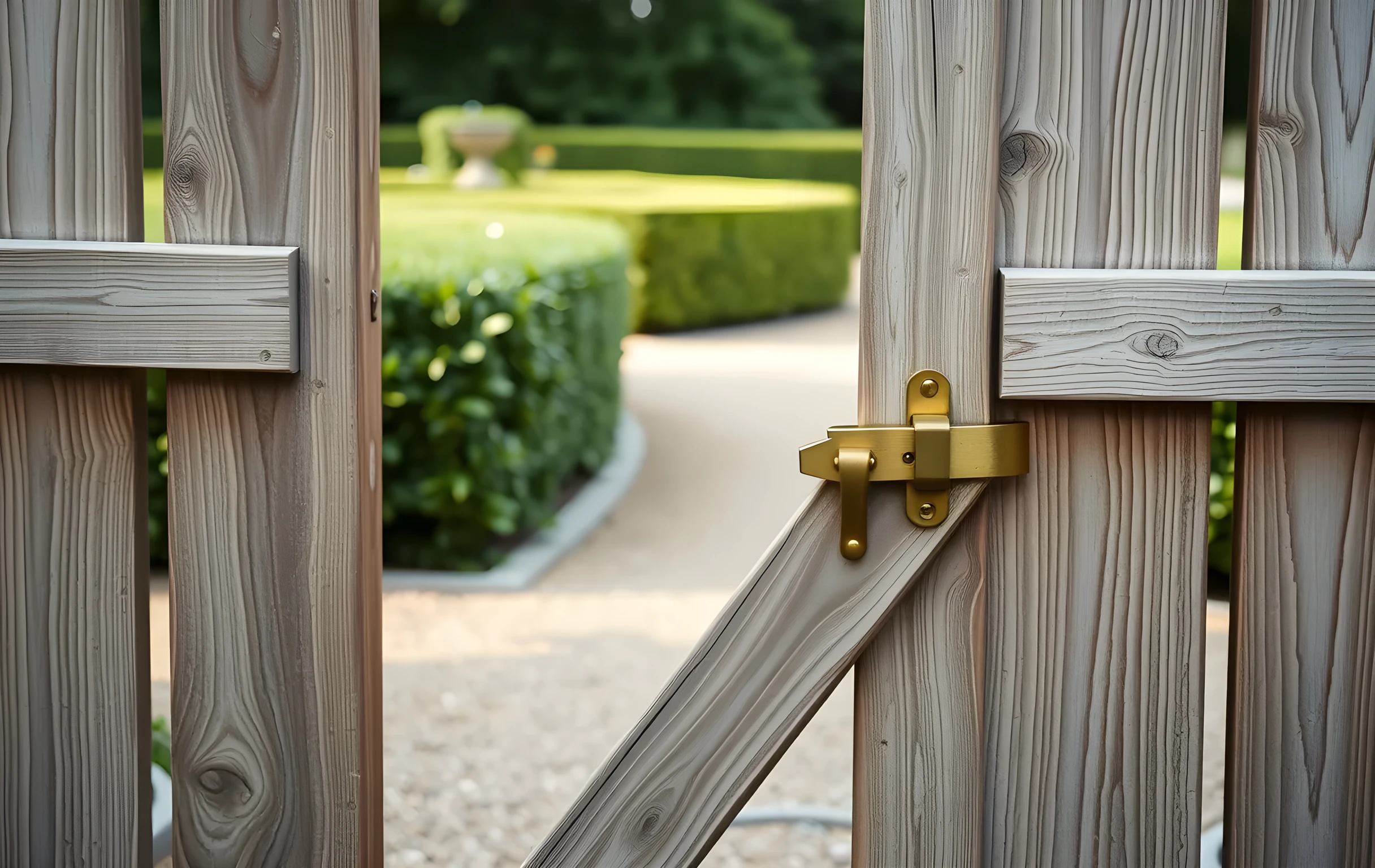 A brass door latch and bolt on a weathered wooden gate, half open, with a garden path beyond in soft light