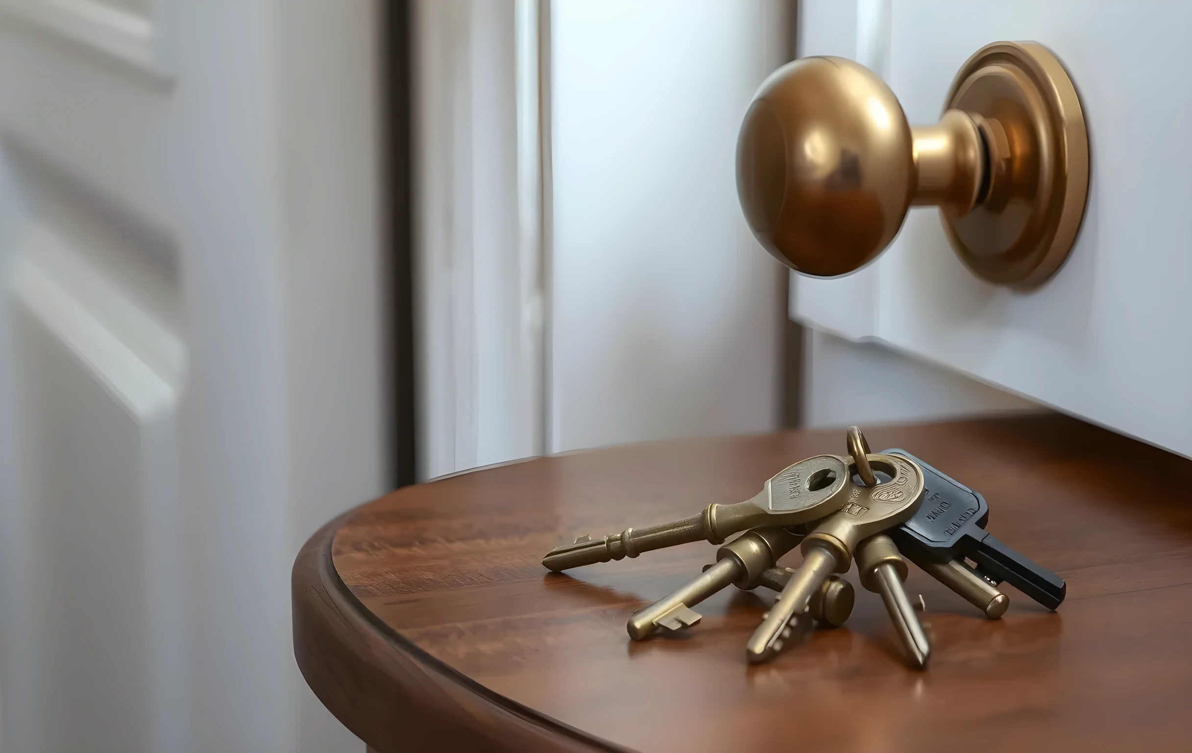 A ring of old brass keys on a wooden side table beside a closed white door with a brass knob in soft window light