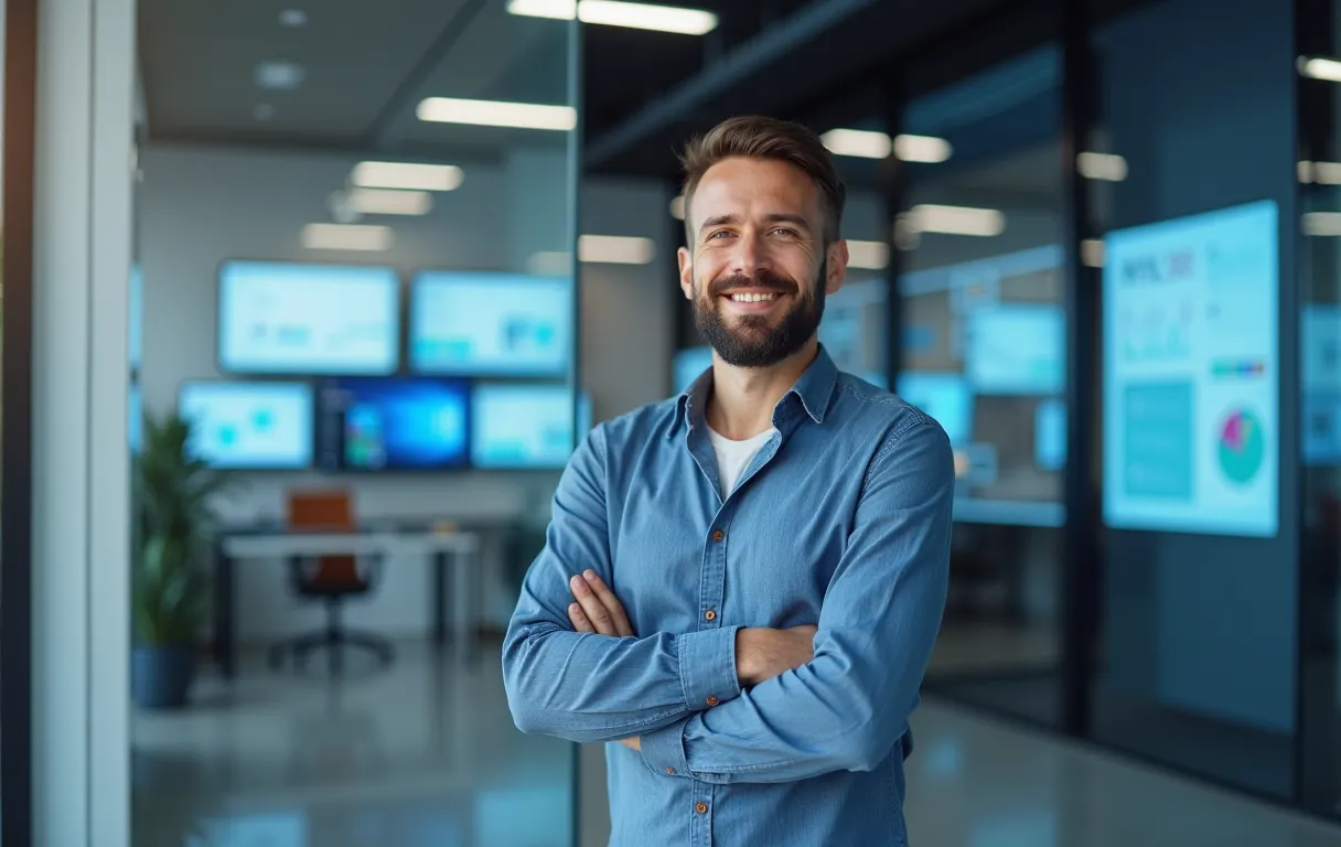 A small business owner standing confidently in front of their storefront