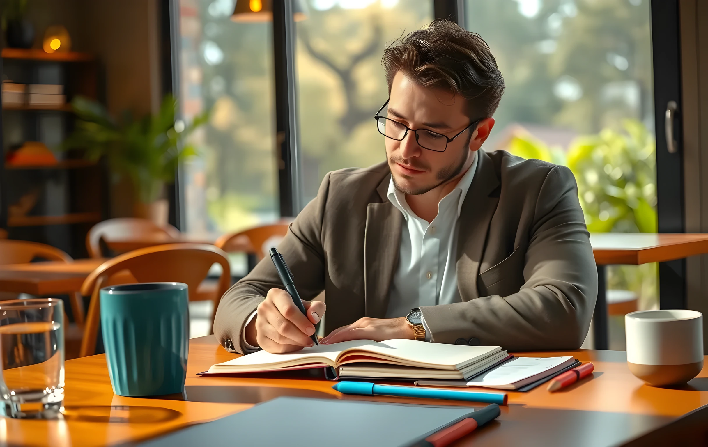 Un dueño de pequeña empresa tomando notas manuscritas en un cuaderno durante una reunión en una mesa iluminada por el sol