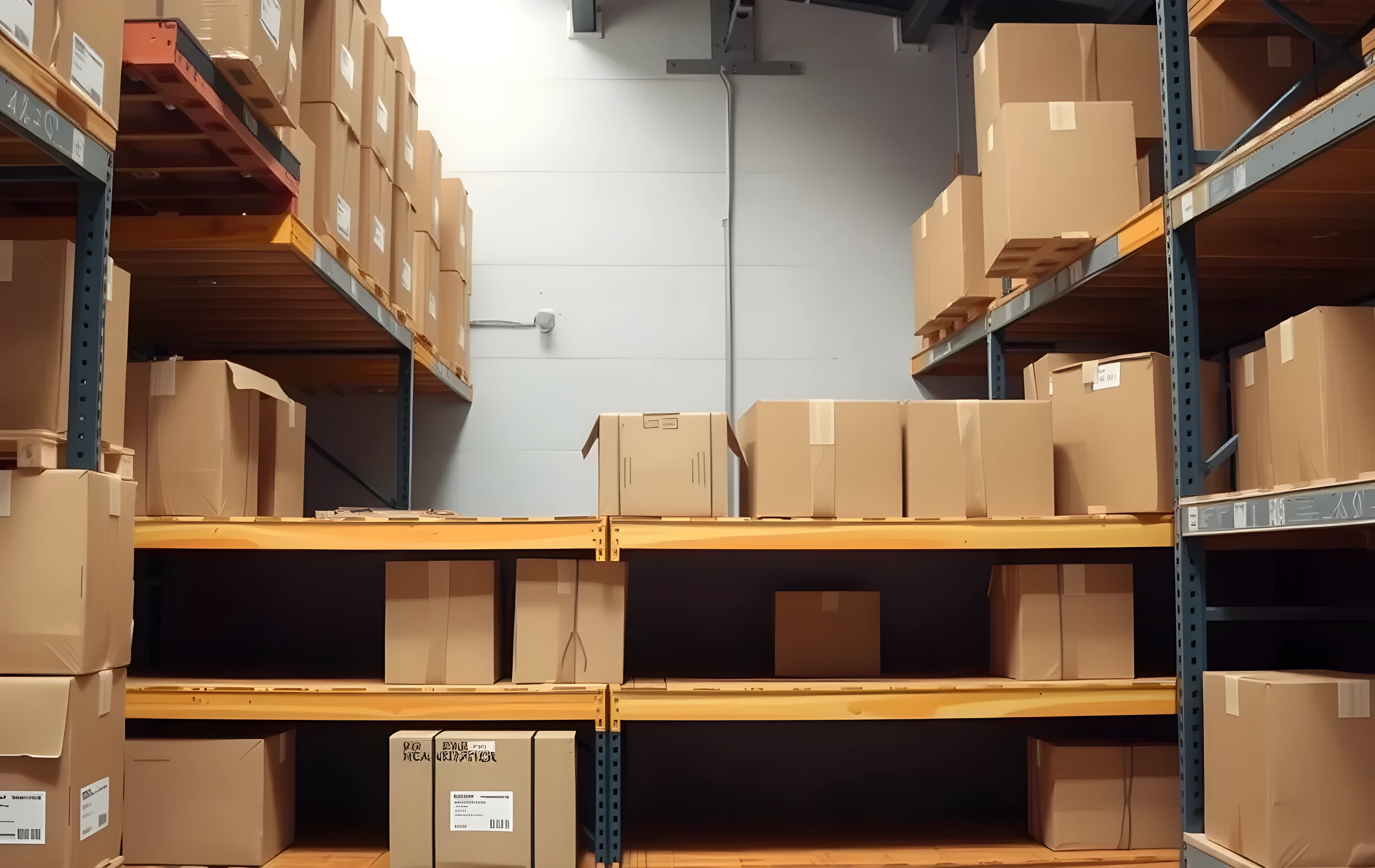 Filas de cajas de cartón etiquetadas ordenadamente en estantes de madera de almacén, un espacio de estante vacío, luz suave cenital