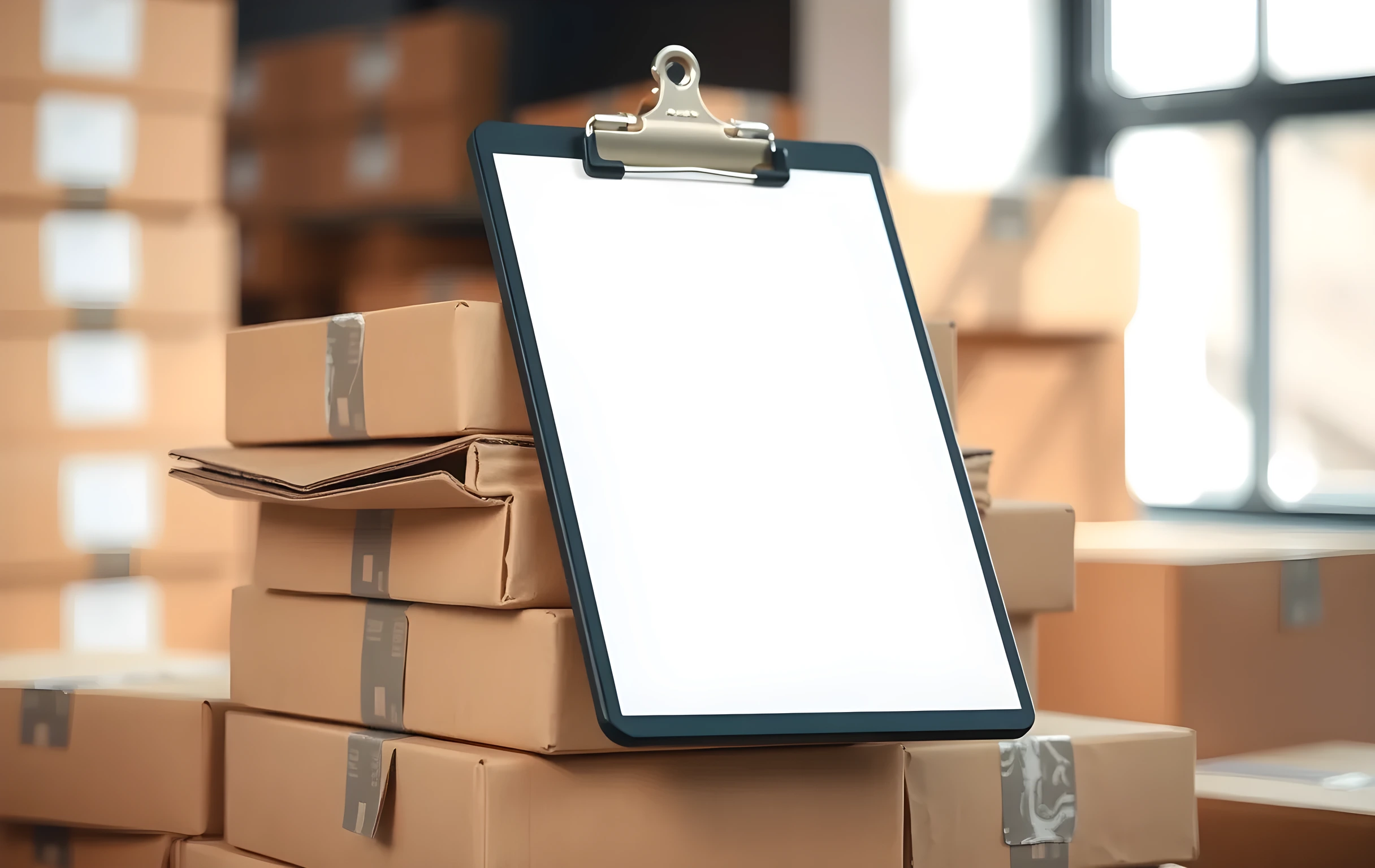 Una tabla con una hoja de inventario en blanco apoyada sobre una pila de cajas de envío marrones dobladas