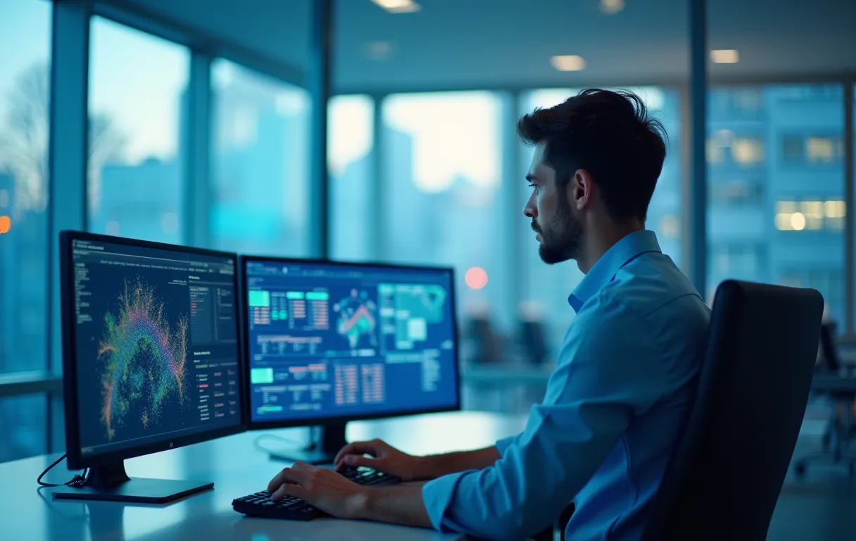 A focused analyst reviewing multiple monitors displaying data flow maps in a modern glass-walled office with soft morning light