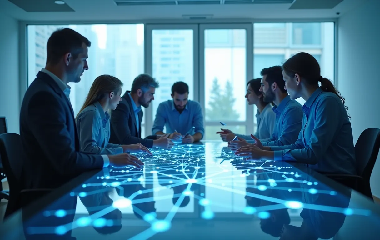 A team of professionals collaborating around a large digital table displaying interconnected network nodes in a minimalist workspace